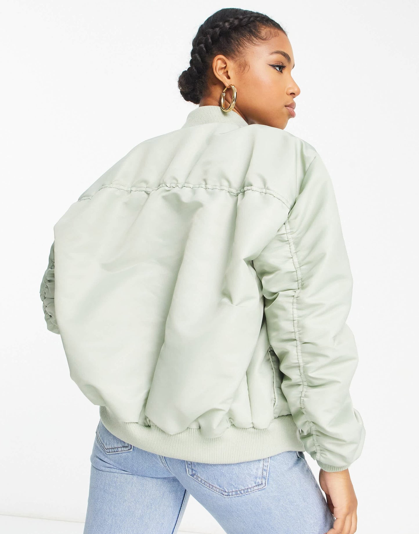 Miss Selfridge ruched sleeve bomber jacket sage
