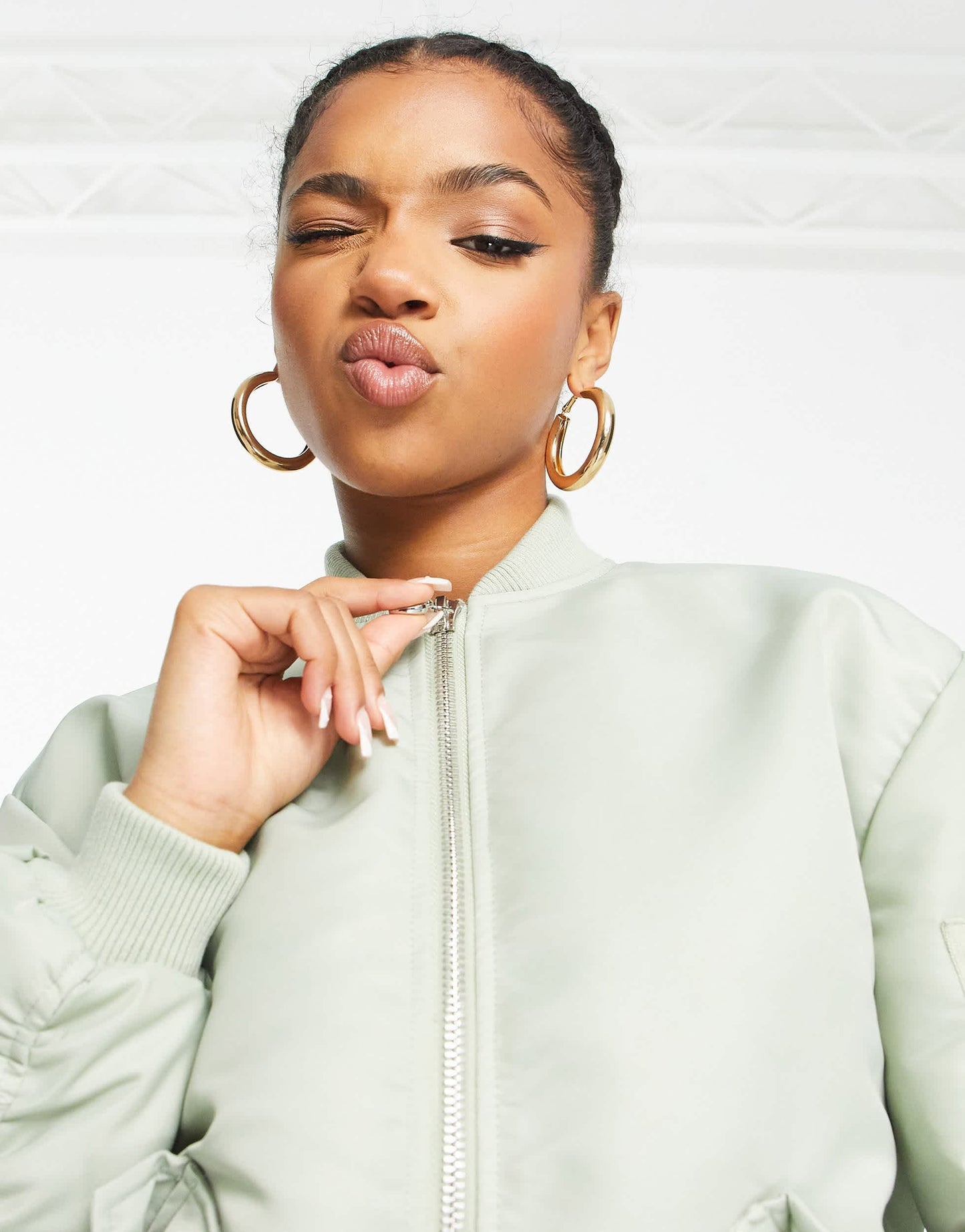 Miss Selfridge ruched sleeve bomber jacket sage