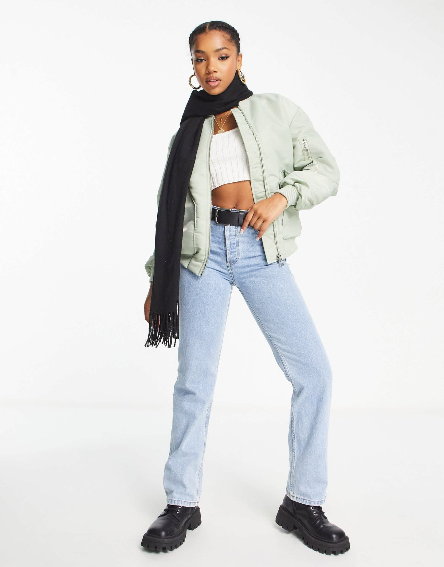Miss Selfridge ruched sleeve bomber jacket sage