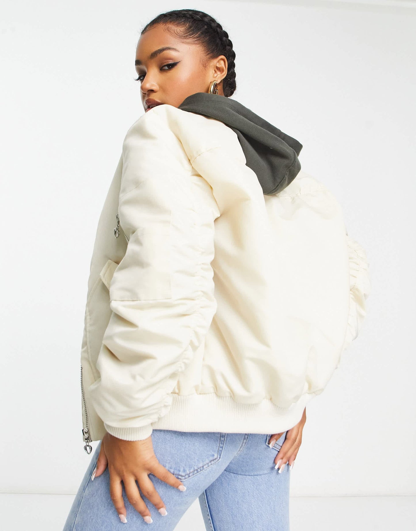 Miss Selfridge ruched sleeve bomber jacket in stone