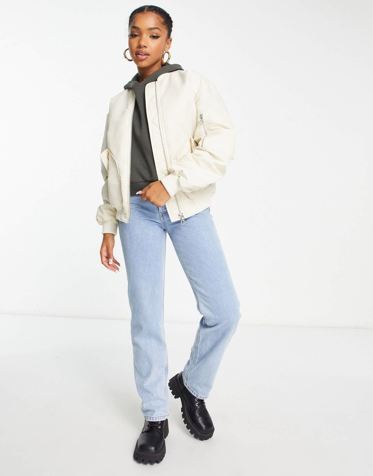 Miss Selfridge ruched sleeve bomber jacket in stone