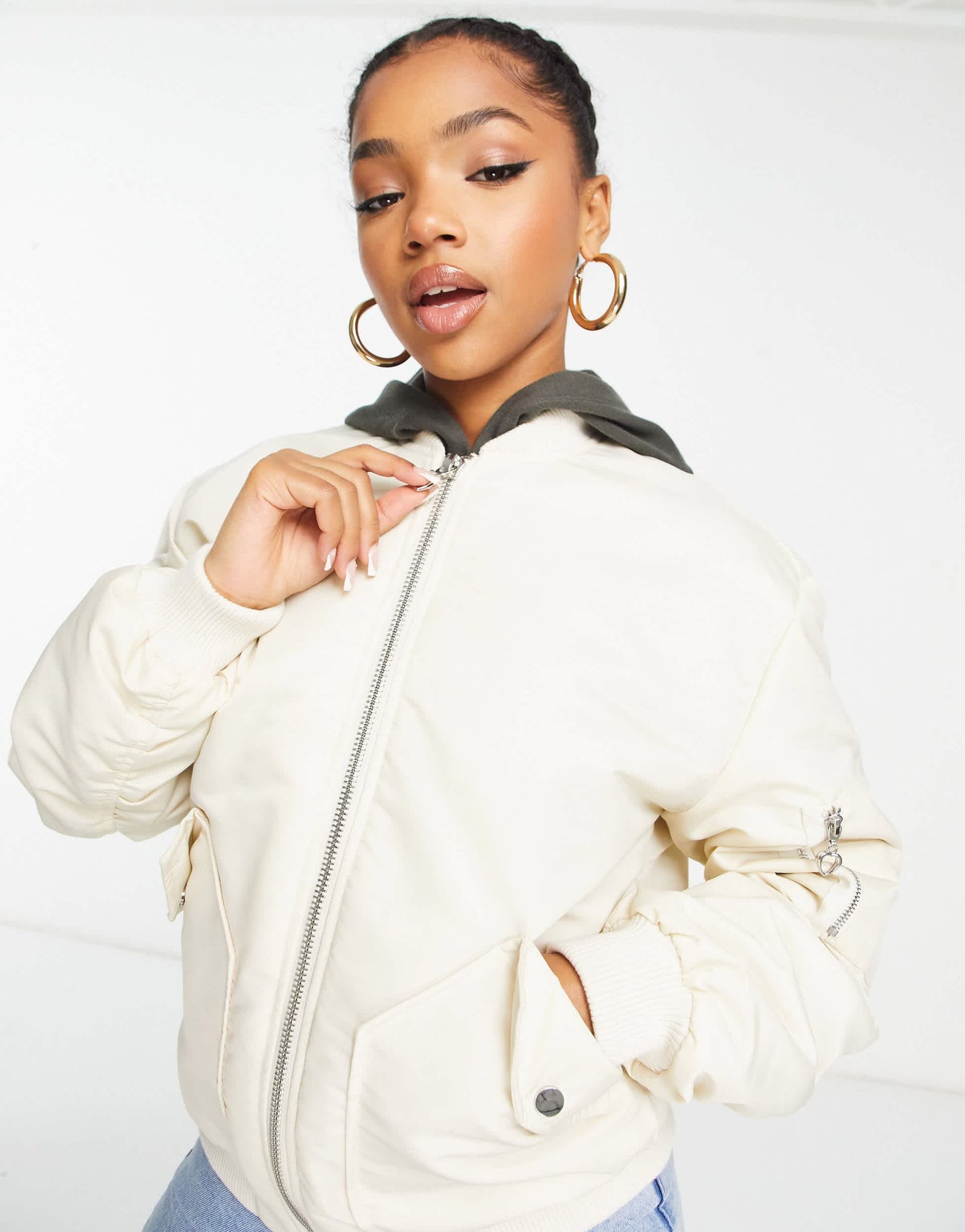 Miss Selfridge ruched sleeve bomber jacket in stone