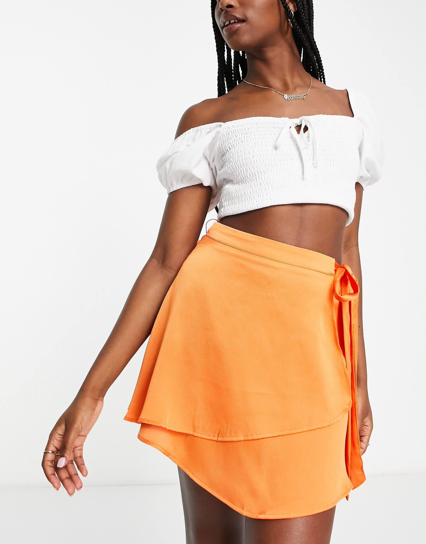 Stradivarius satin wrap mini skirt in orange