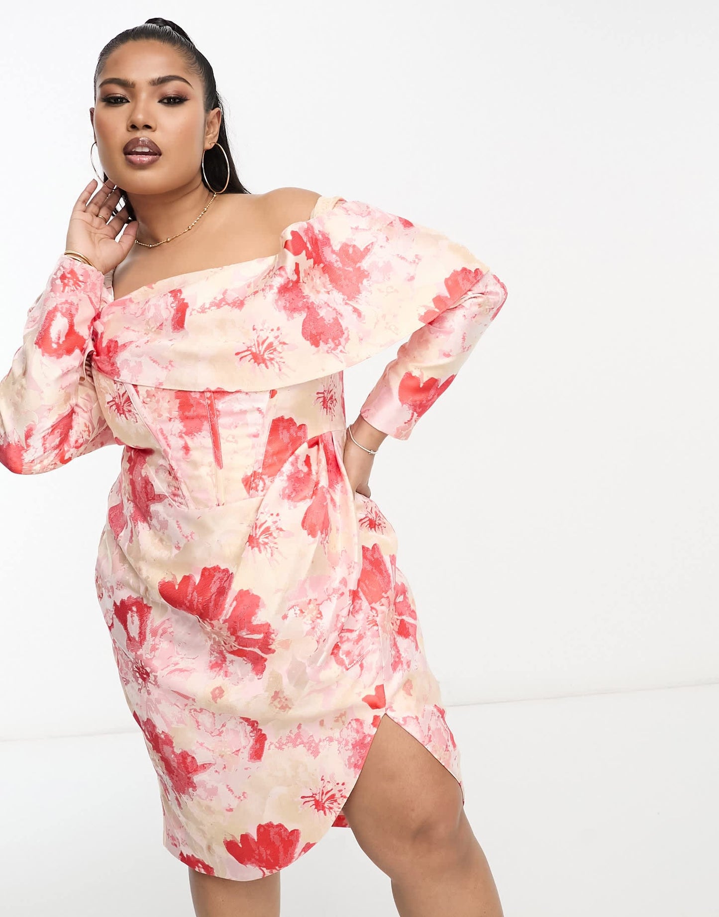 ASOS LUXE Curve fallen shoulder jacquard wrap mini dress in floral print