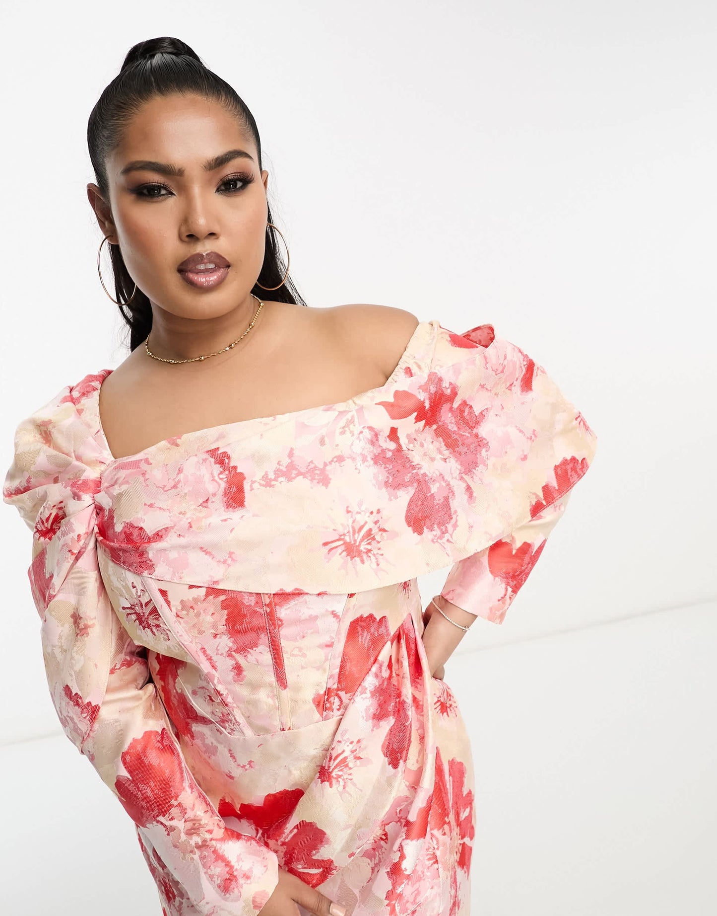 ASOS LUXE Curve fallen shoulder jacquard wrap mini dress in floral print