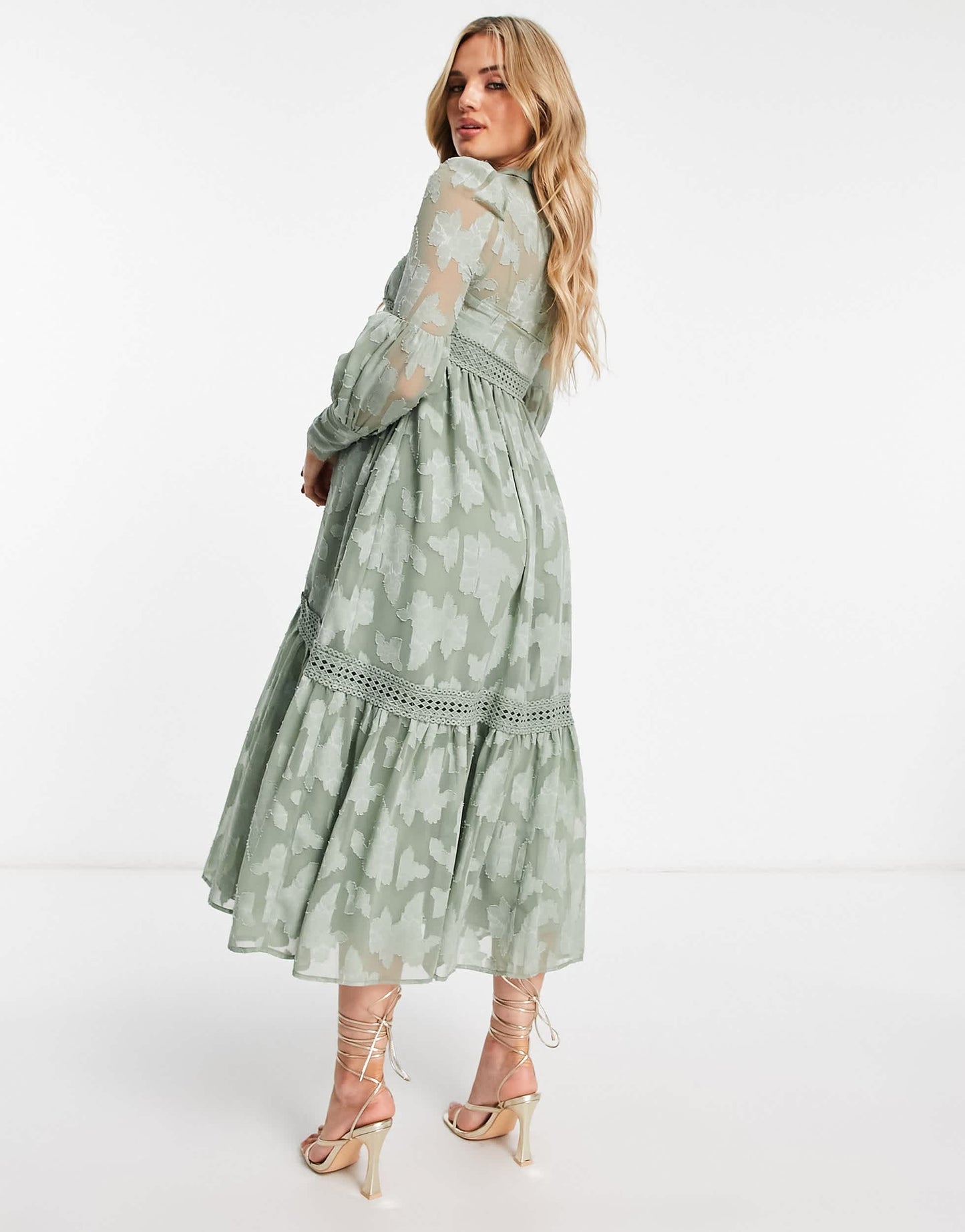 ASOS DESIGN Maternity button through midi shirt dress with lace inserts in burnout in khaki