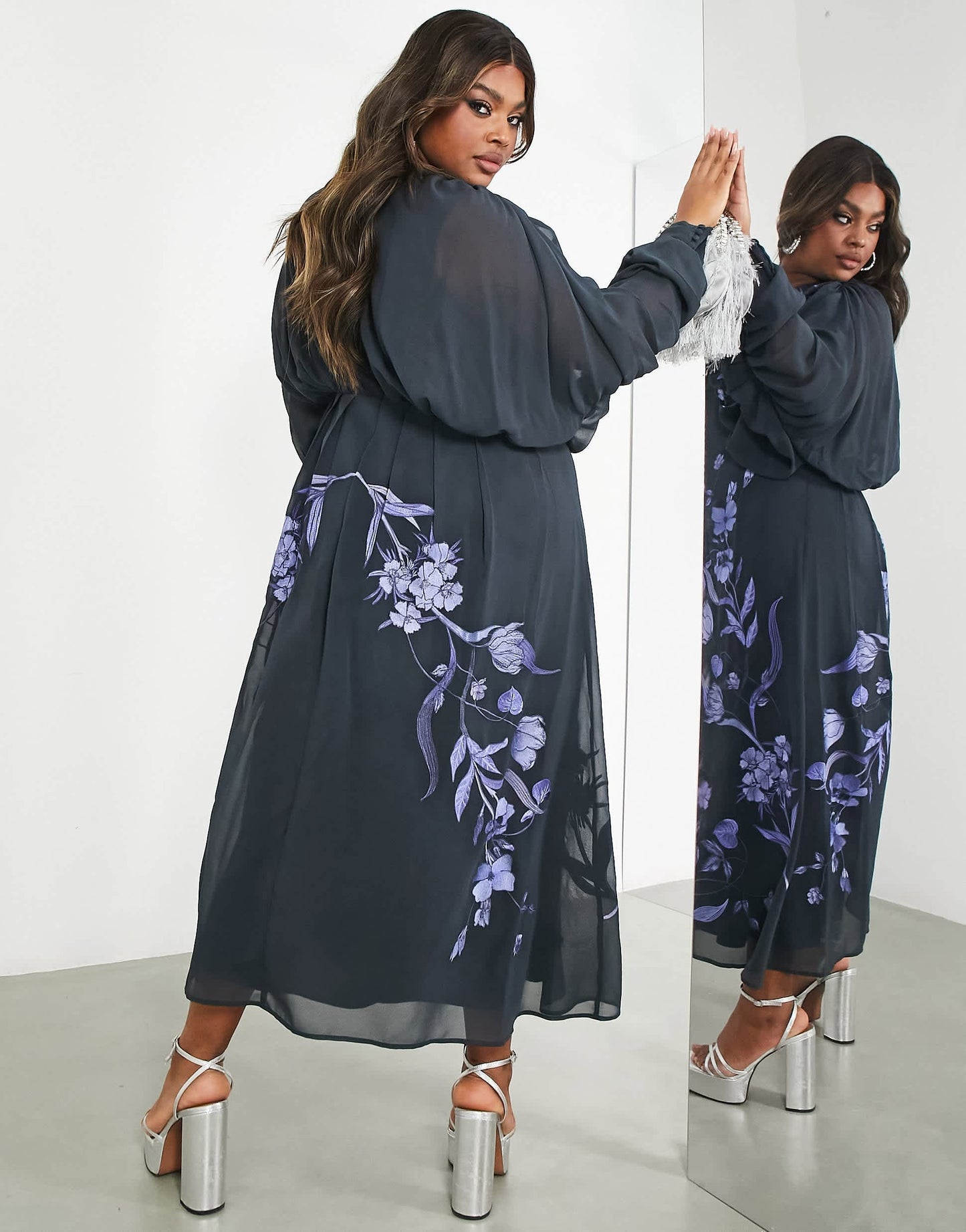 ASOS EDITION Curve batwing chiffon midi dress with floral embroidery in petrol blue