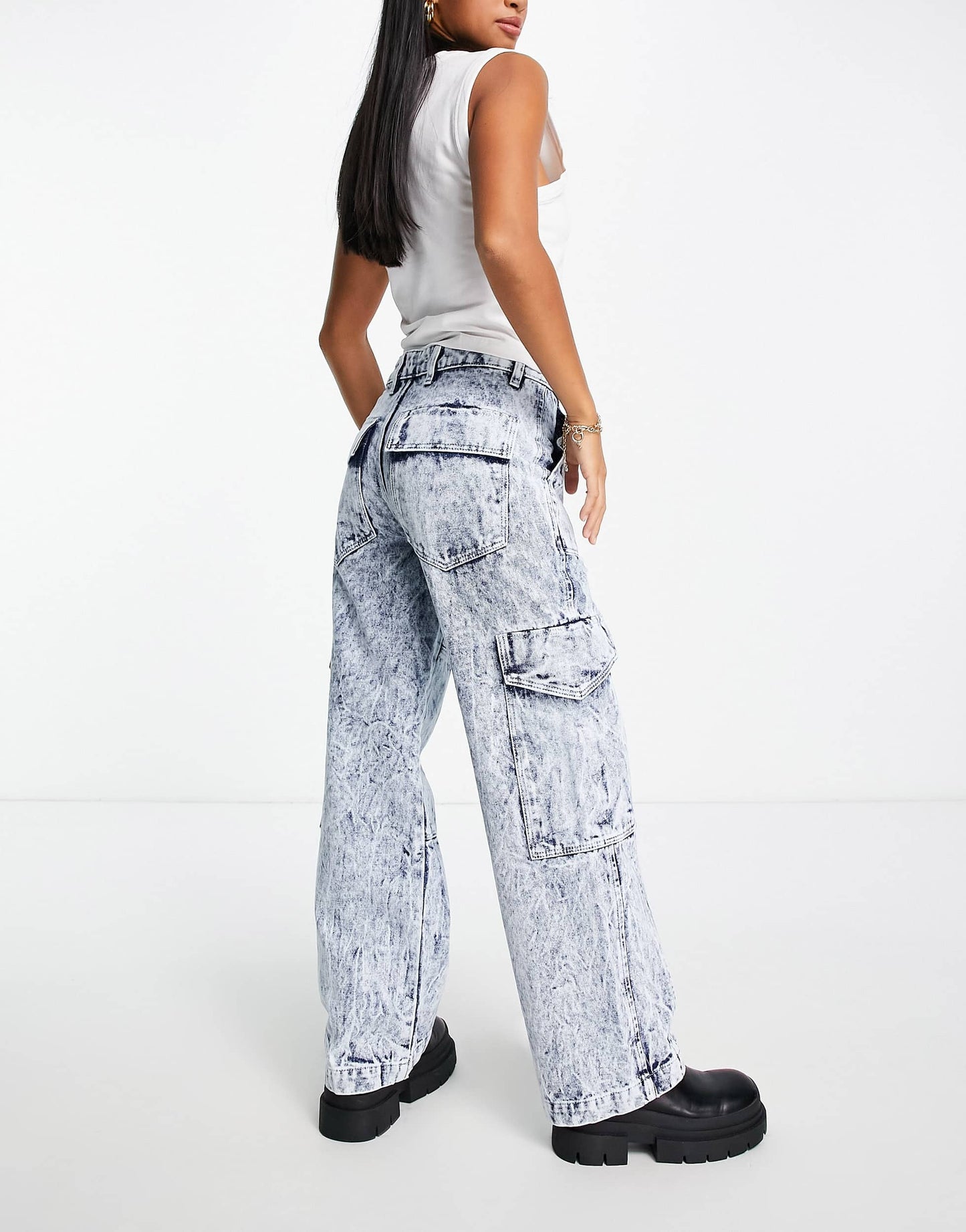 Miss Selfridge Petite denim wide leg cargo jean in dark acid wash blue