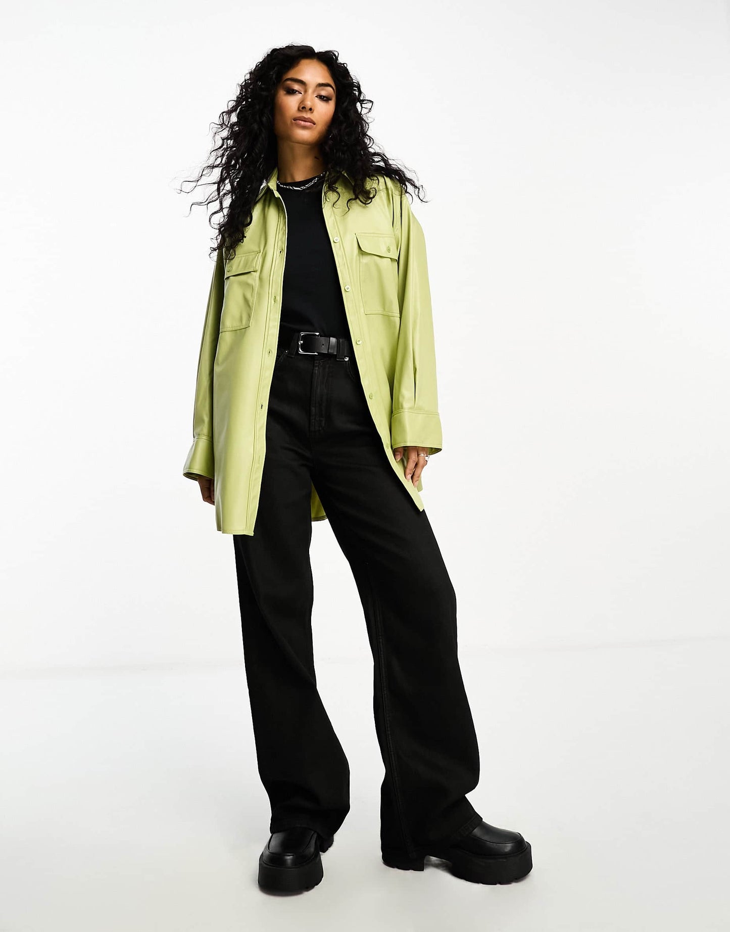 ASOS DESIGN PU oversized shirt with wide cuff detail in sage green
