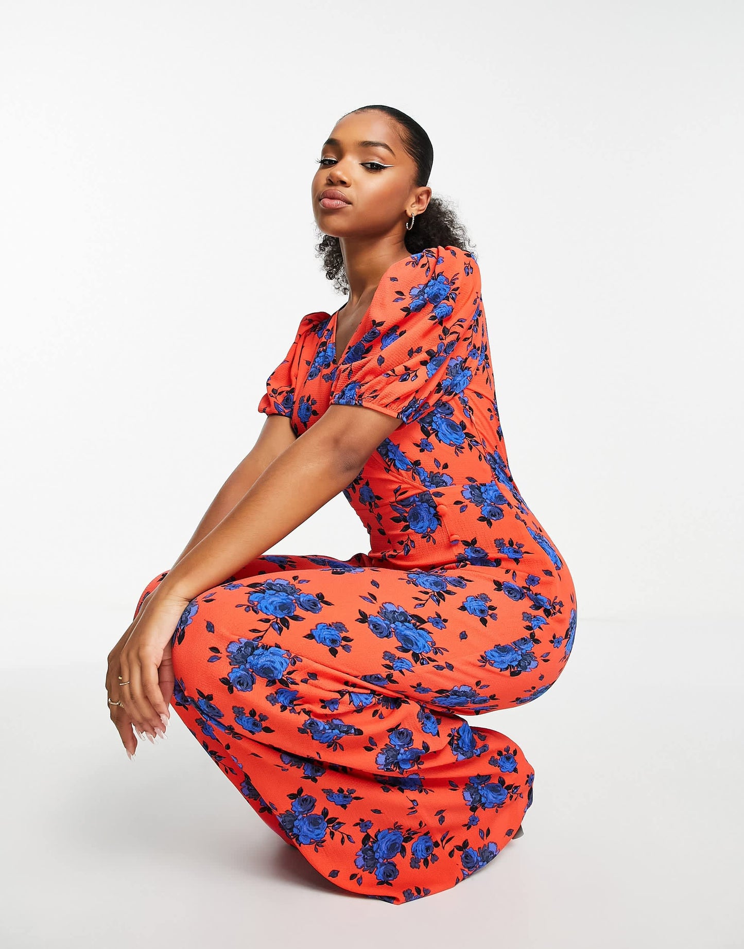ASOS DESIGN bubble crepe v neck puff sleeve jumpsuit in floral print