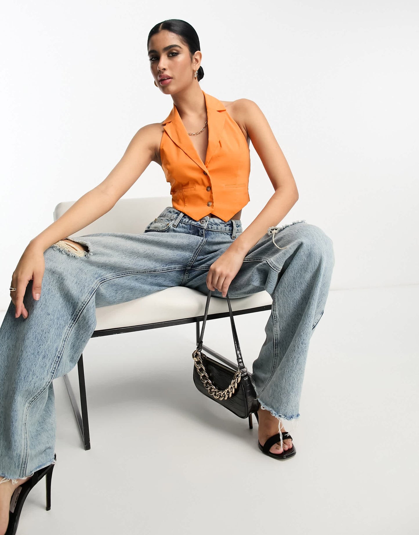 Miss Selfridge halterneck waistcoat in orange