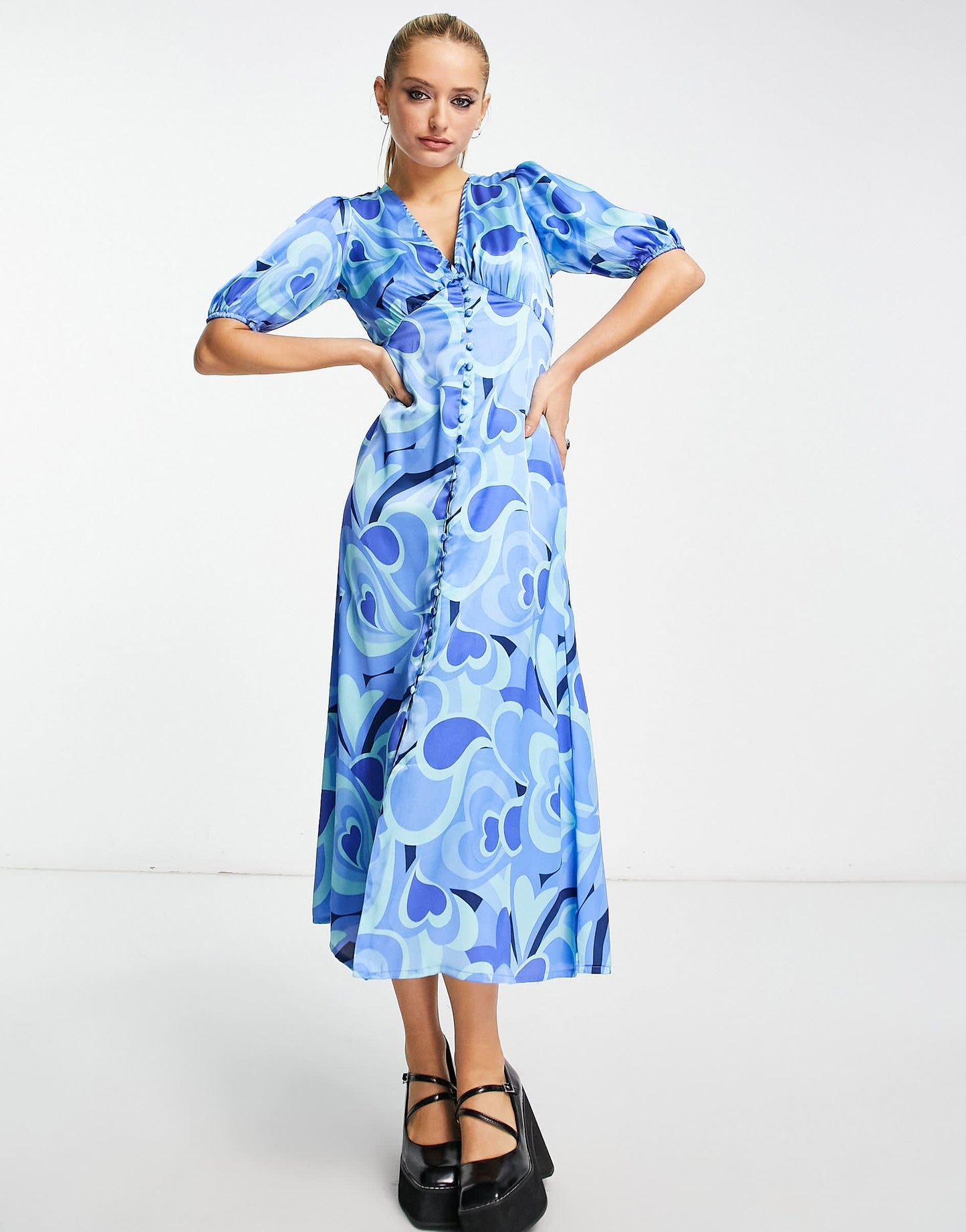 Violet Romance satin button front tie back midi dress in blue swirl print