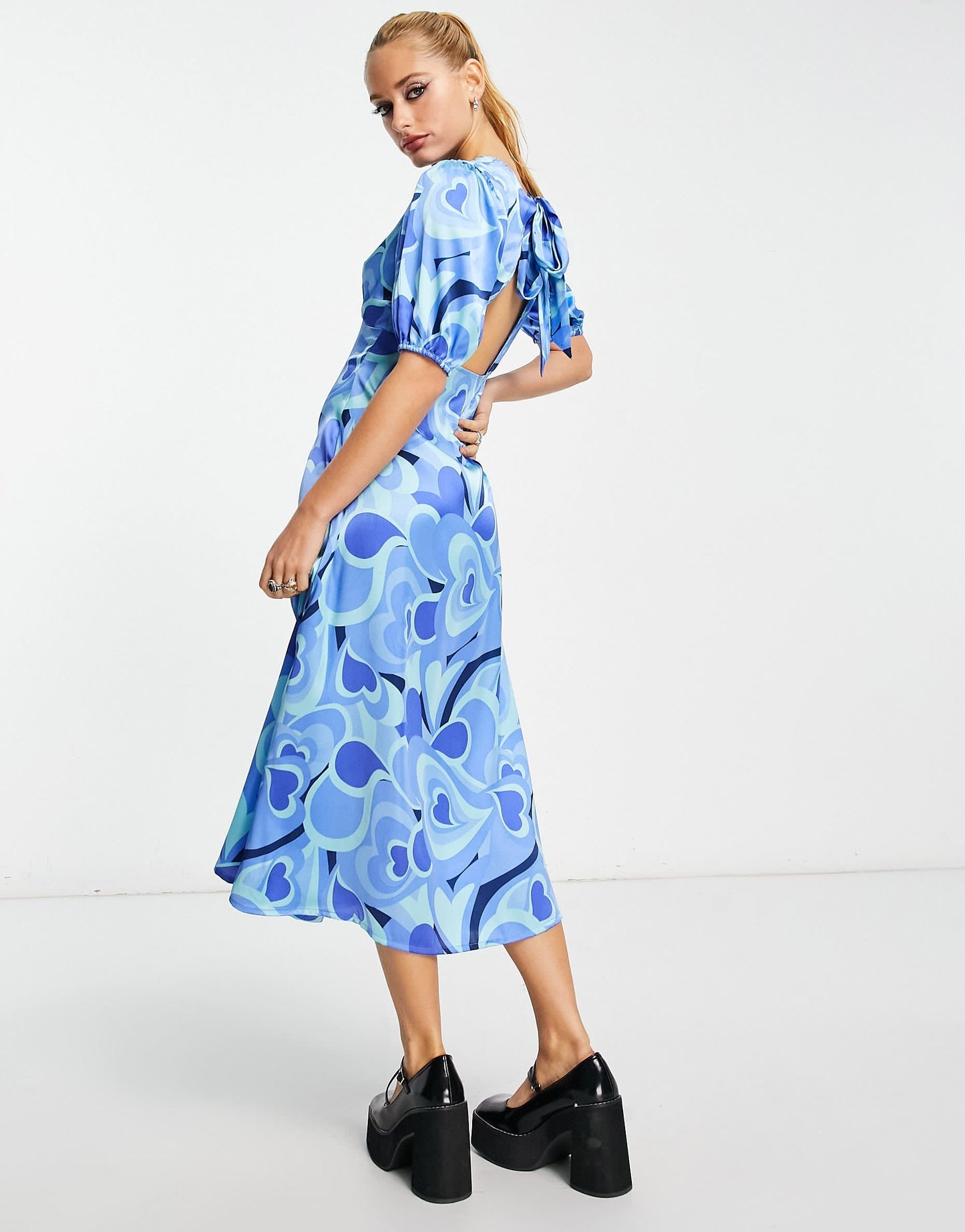Violet Romance satin button front tie back midi dress in blue swirl print
