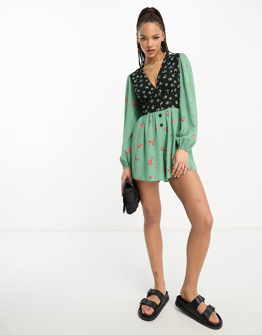 ASOS DESIGN crepe plunge neck playsuit with puff sleeve in mixed print