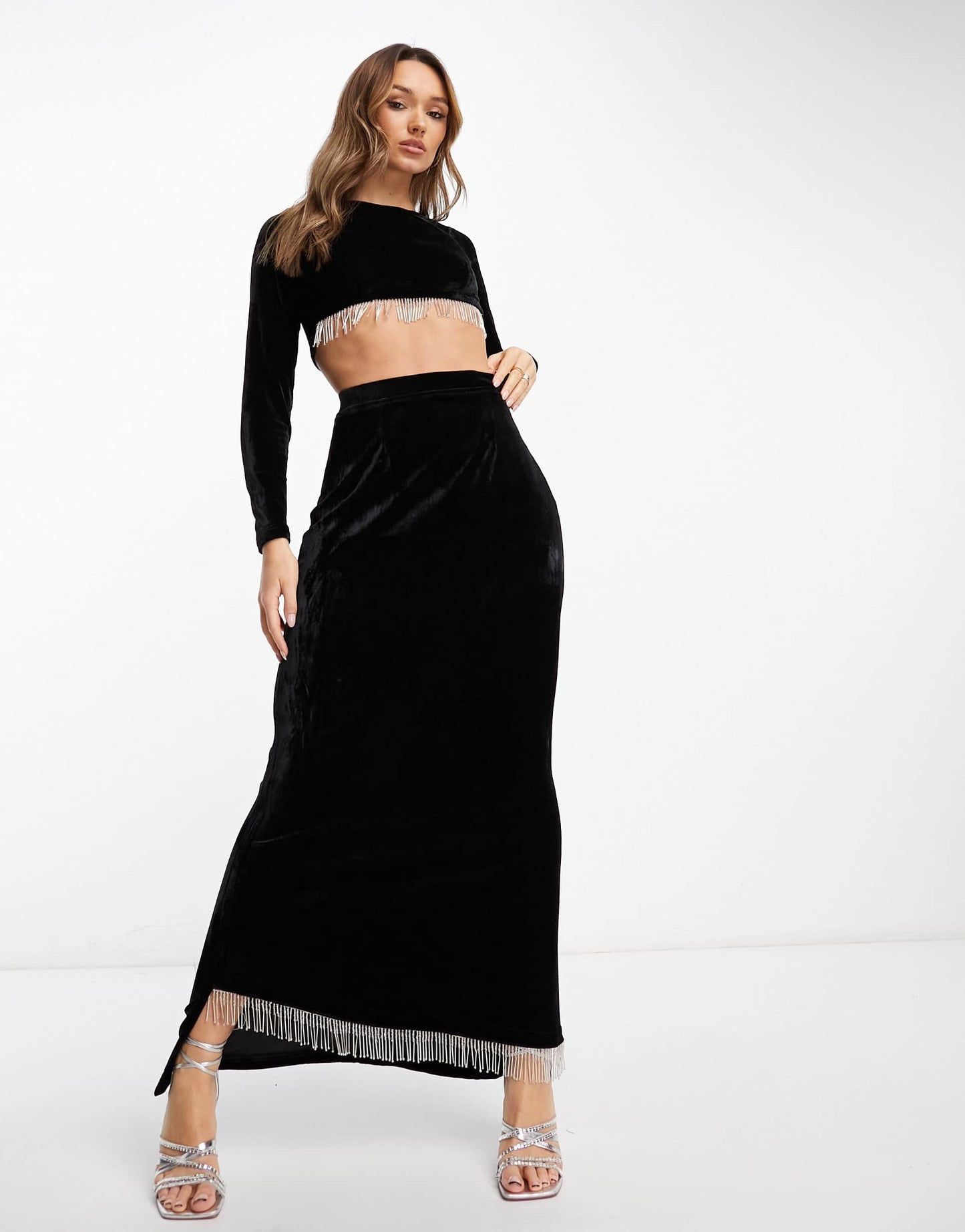 Kanya London fringe embellished maxi skirt co-ord in black