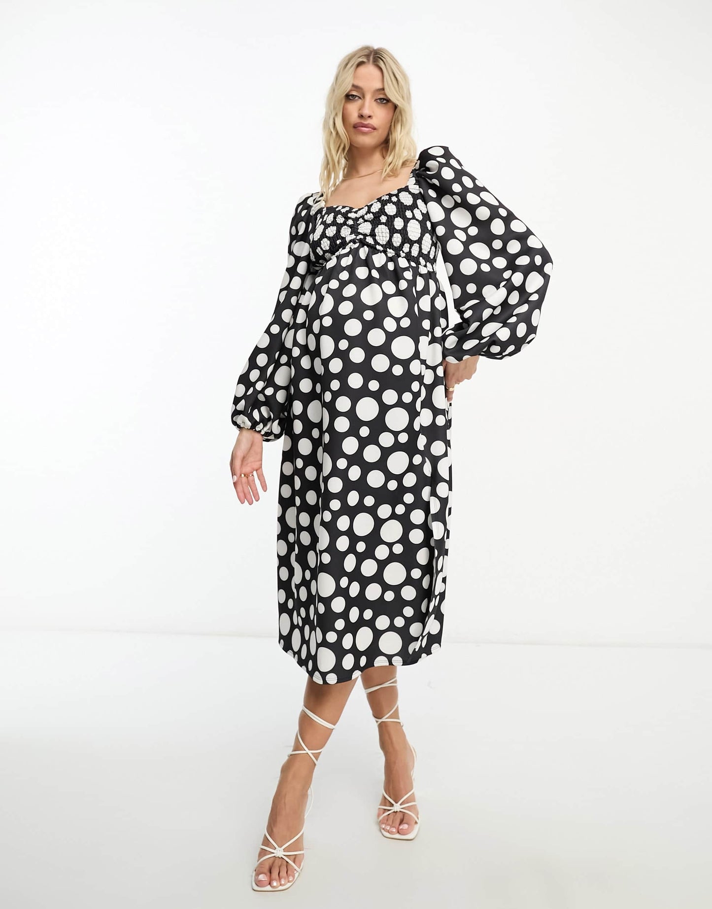 ASOS DESIGN Maternity shirred bust blouson sleeve midi dress in polka dot