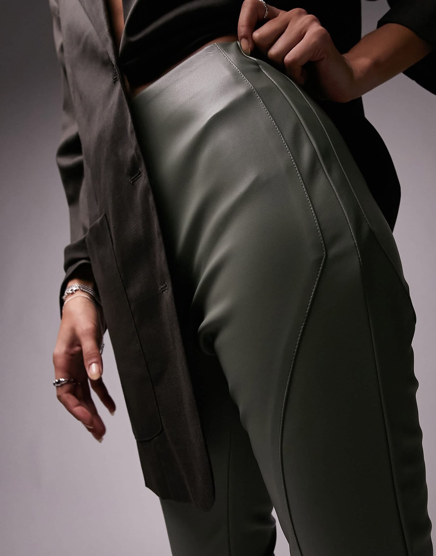 Topshop faux leather seamed flare trouser in khaki