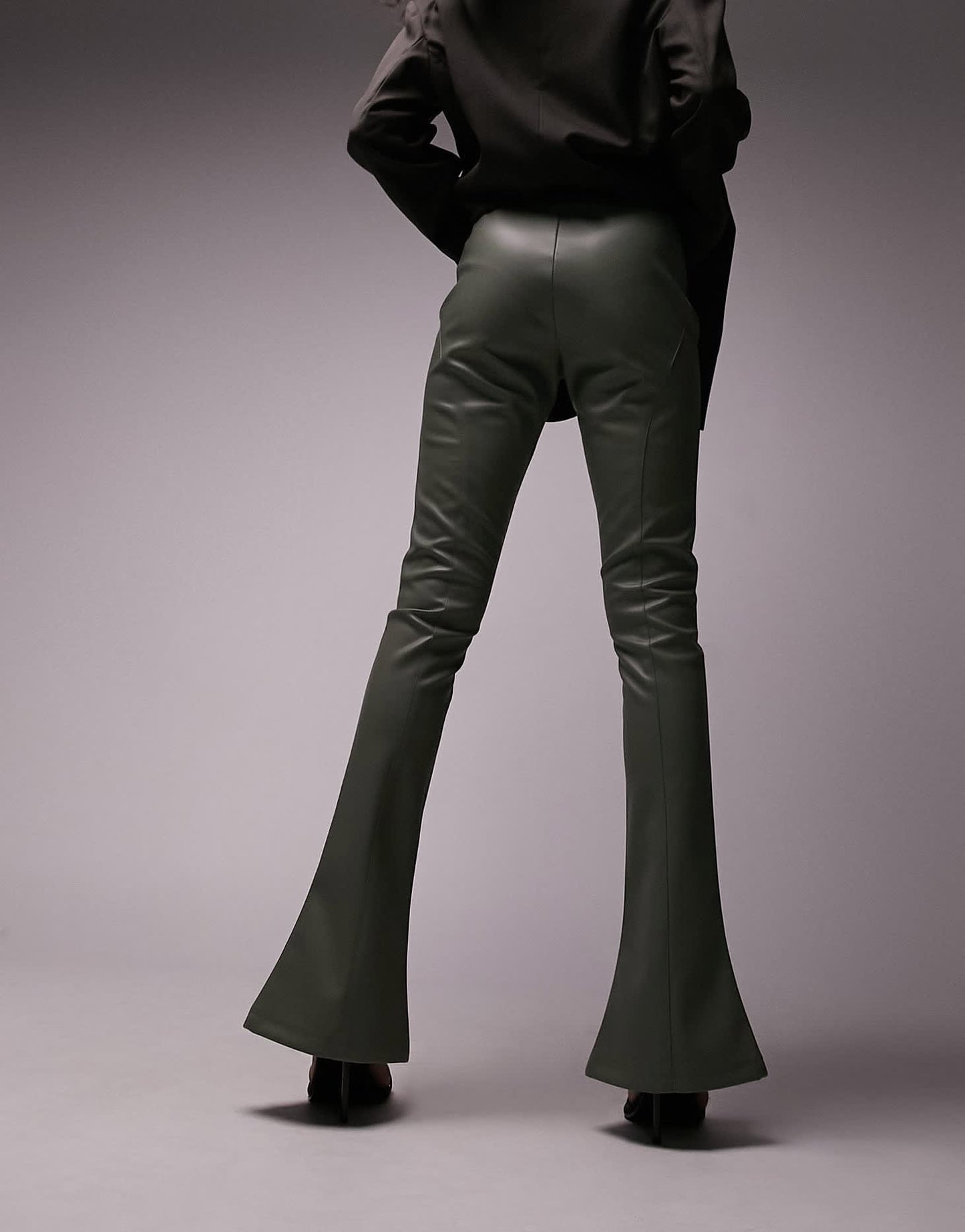Topshop faux leather seamed flare trouser in khaki
