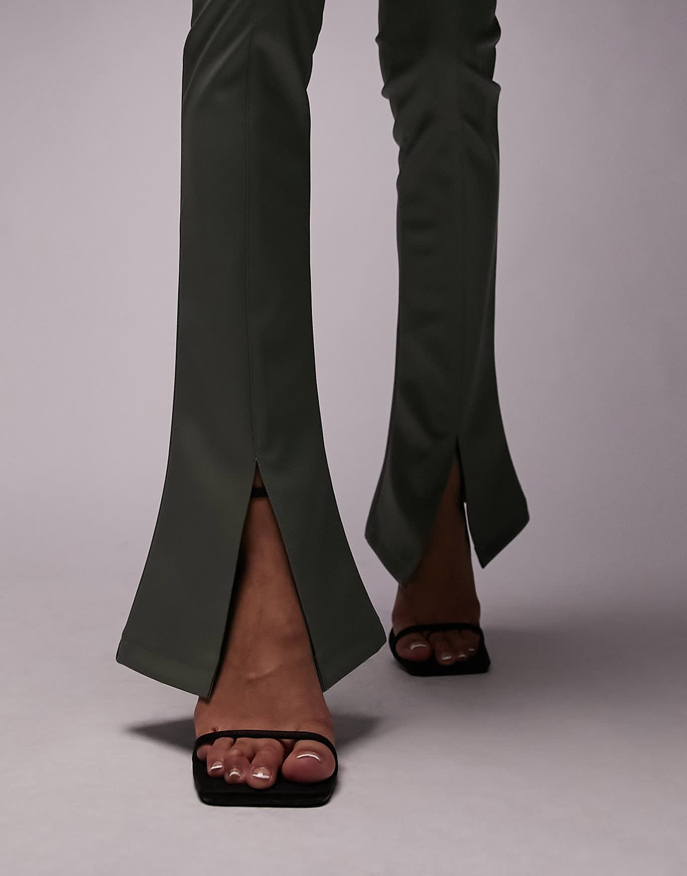 Topshop faux leather seamed flare trouser in khaki