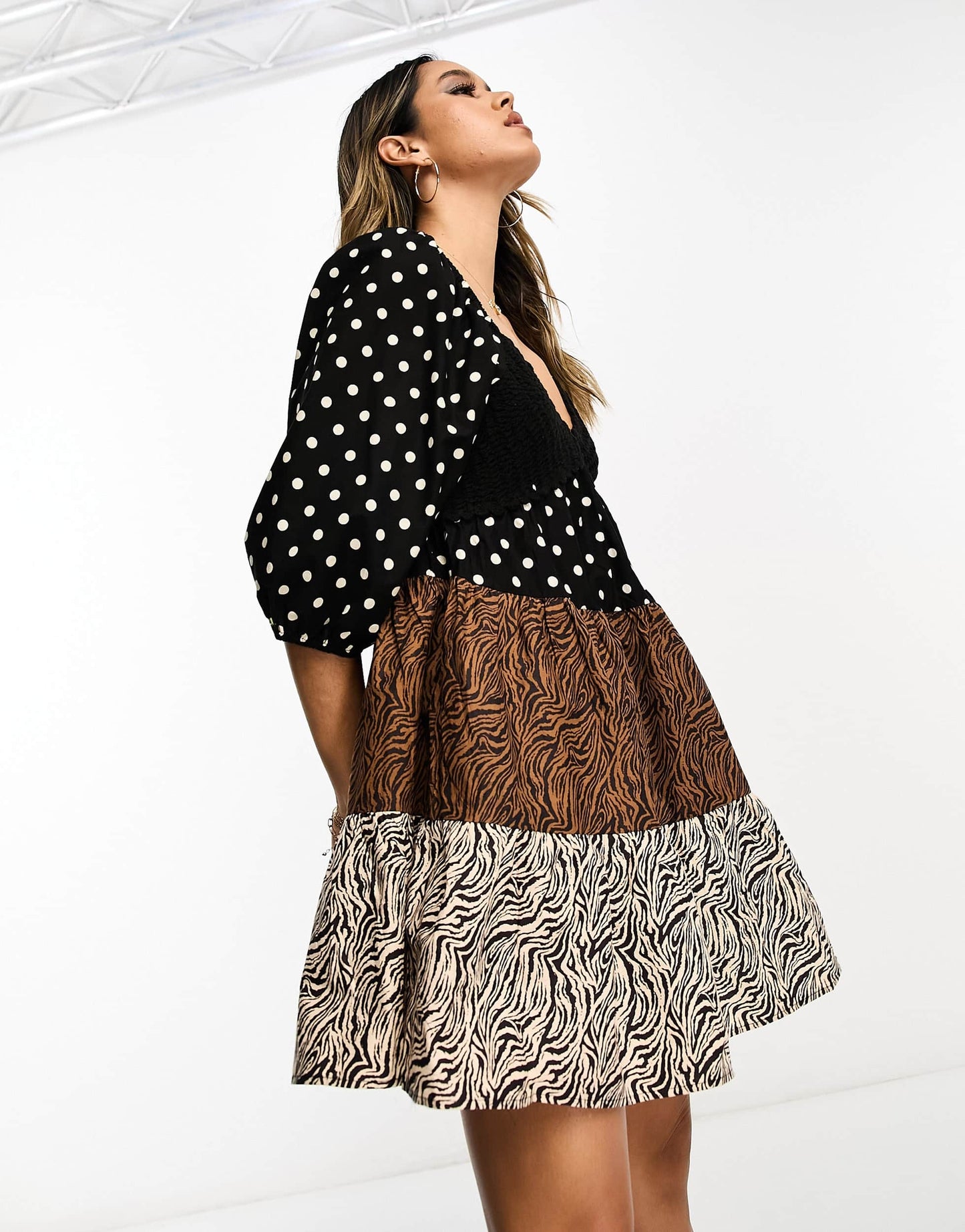 ASOS DESIGN crochet tiered babydoll mini dress in mixed animal print