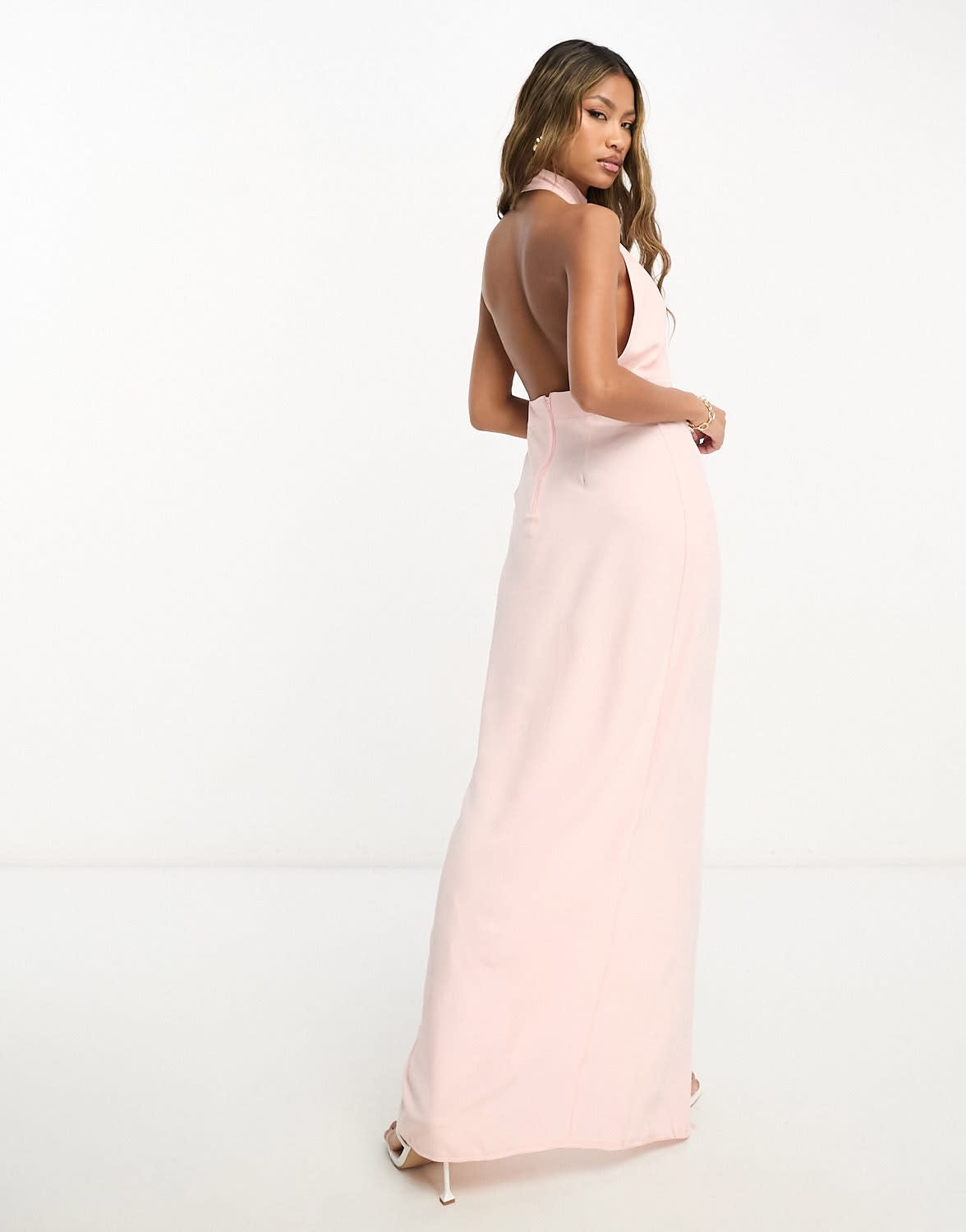 Vesper bengaline racer neck thigh split maxi dress in blush pink