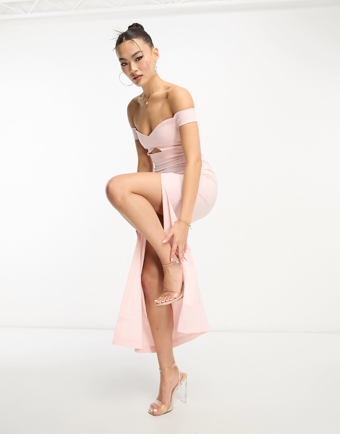 Vesper bengaline bardot thigh split maxi dress in pink