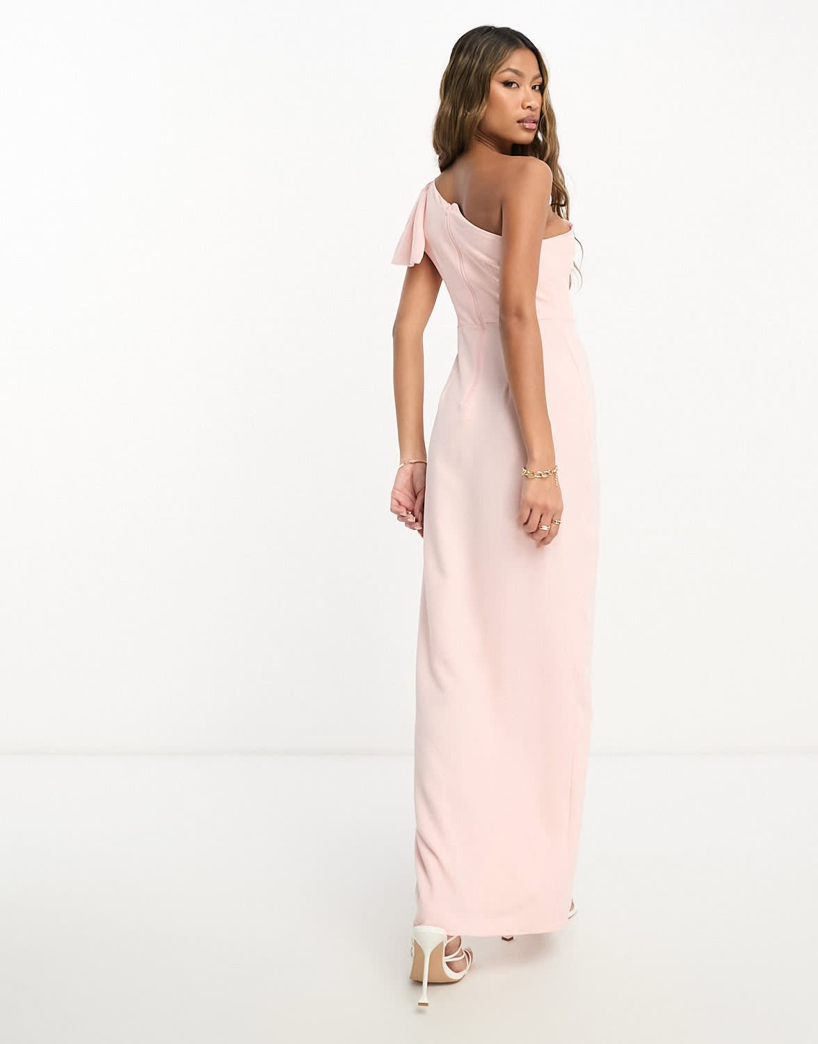 Vesper bengaline one shoulder thigh split maxi dress in blush pink