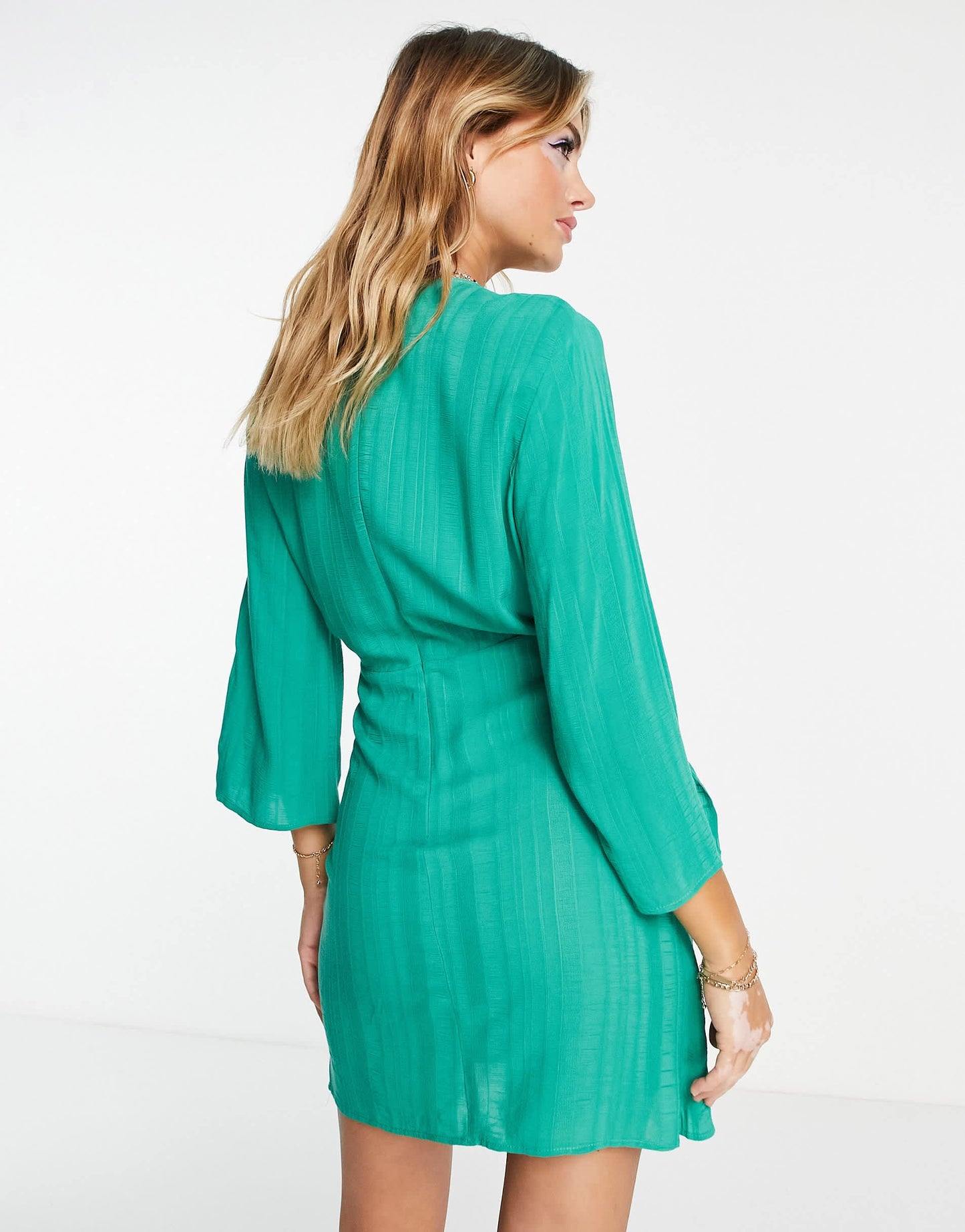 Pull&Bear rustic tie front mini dress in green