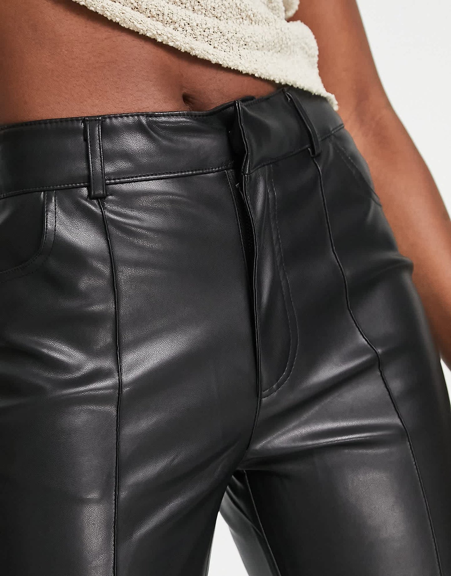 Stradivarius faux leather straight trousers in black