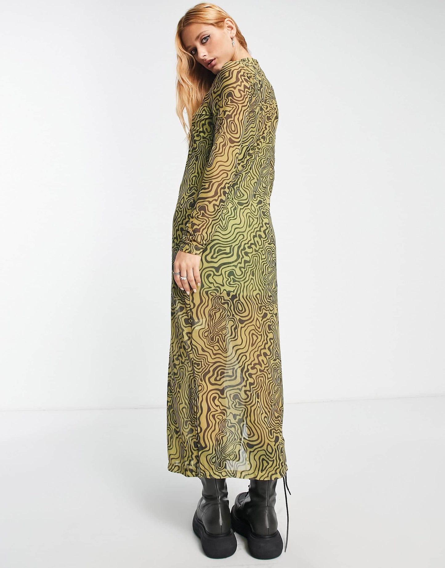 Bolongaro Trevor swirl print long sleeve mesh midi dress in green and black