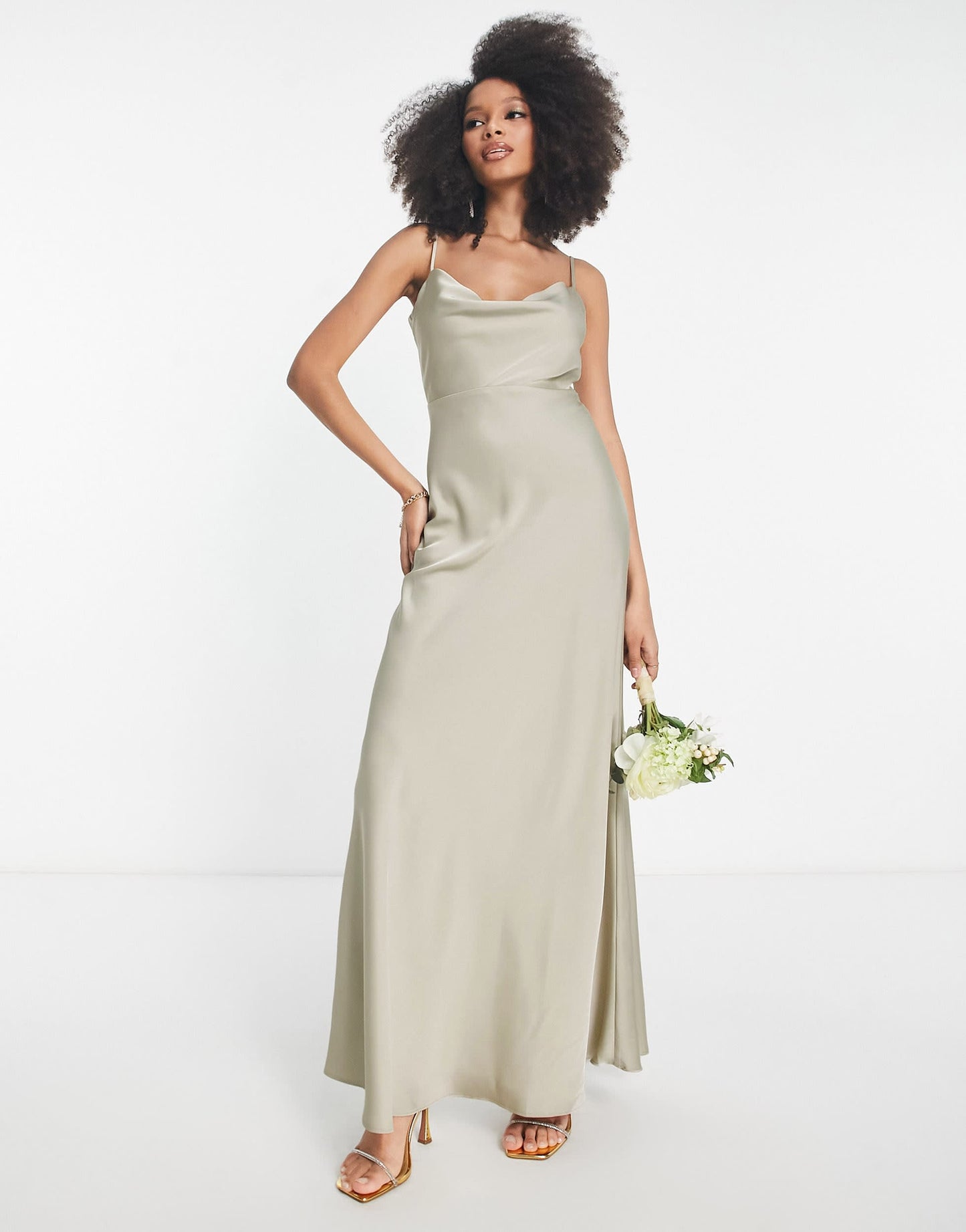 ASOS DESIGN Bridesmaid satin cowl neck maxi dress with full skirt in sage green