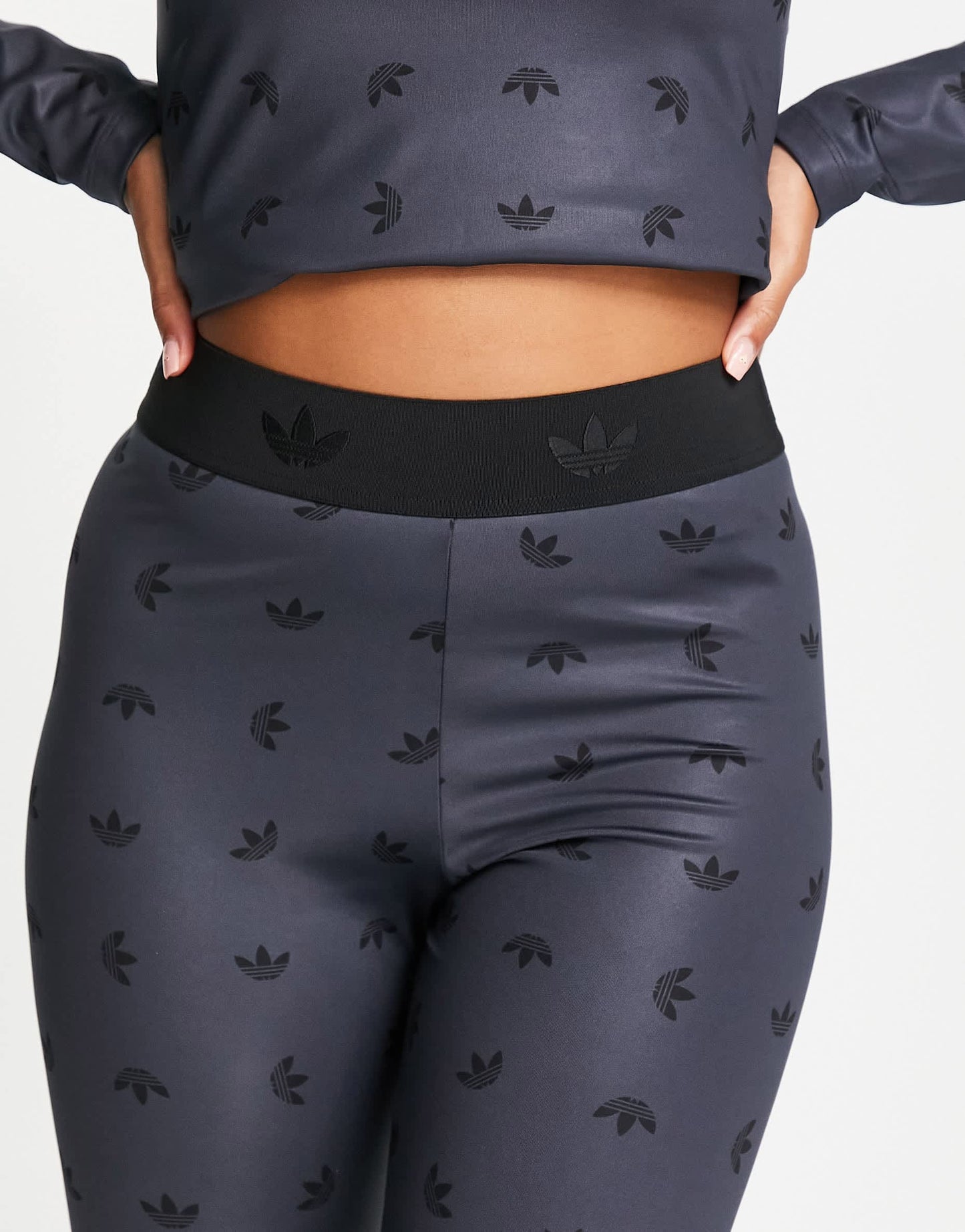 adidas Originals high waisted all over logo print leggings in grey