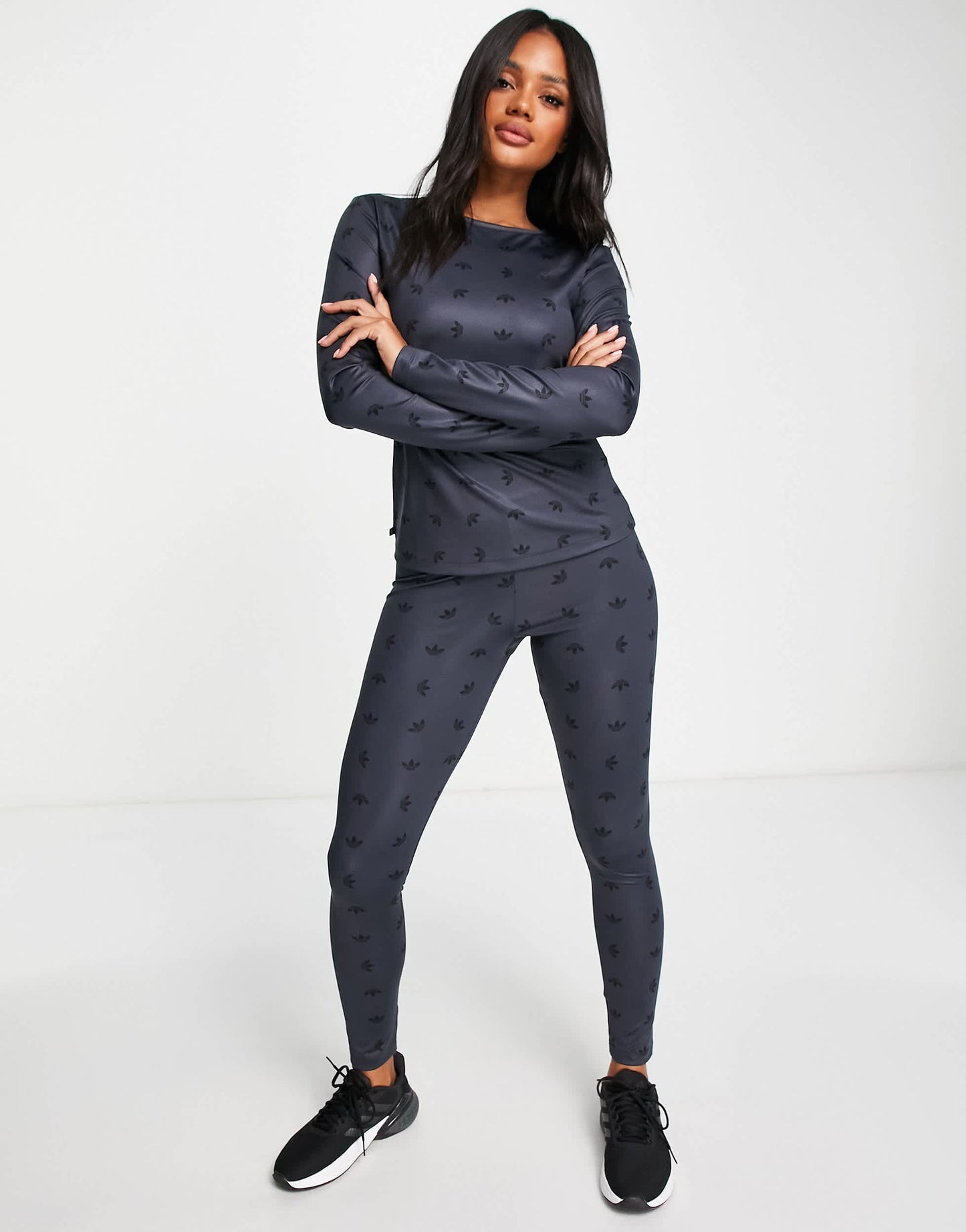 adidas Originals high waisted all over logo print leggings in grey