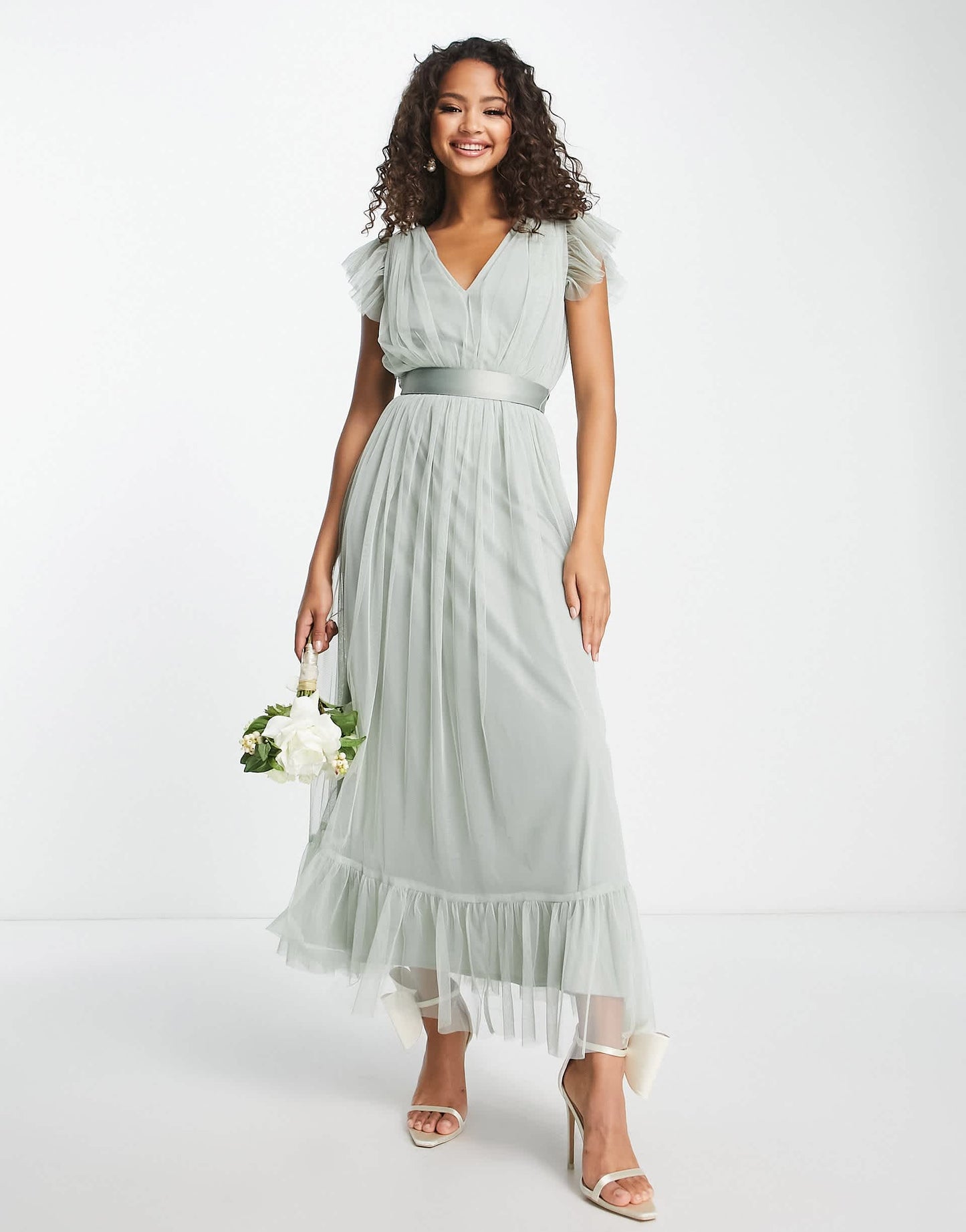 Anaya Bridesmaid flutter sleeve midaxi dress in sage green