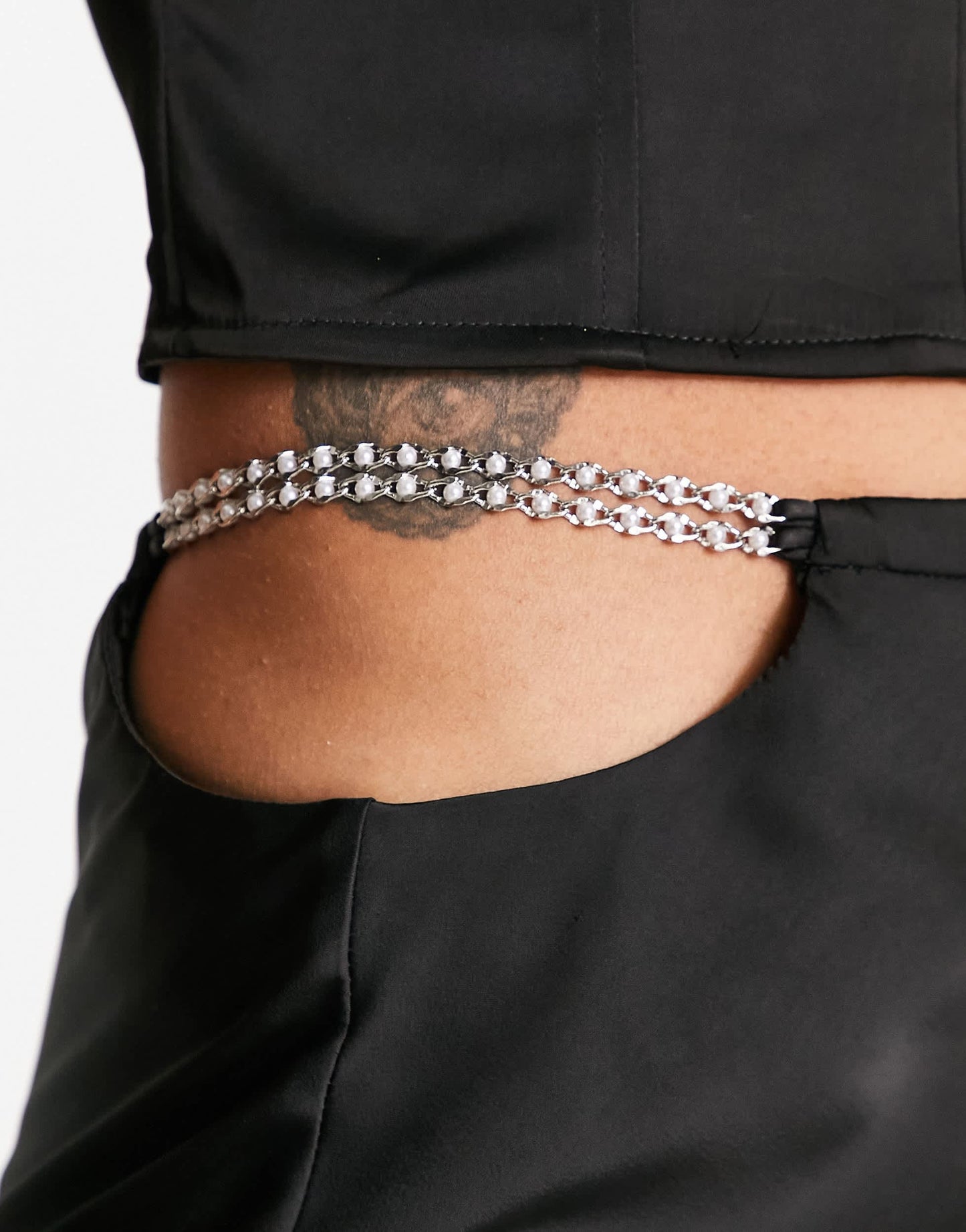 Lola May satin midi skirt with chain detail waist in black