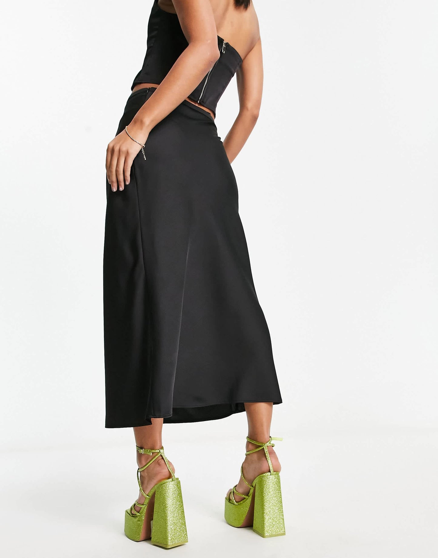 Lola May satin midi skirt with chain detail waist in black