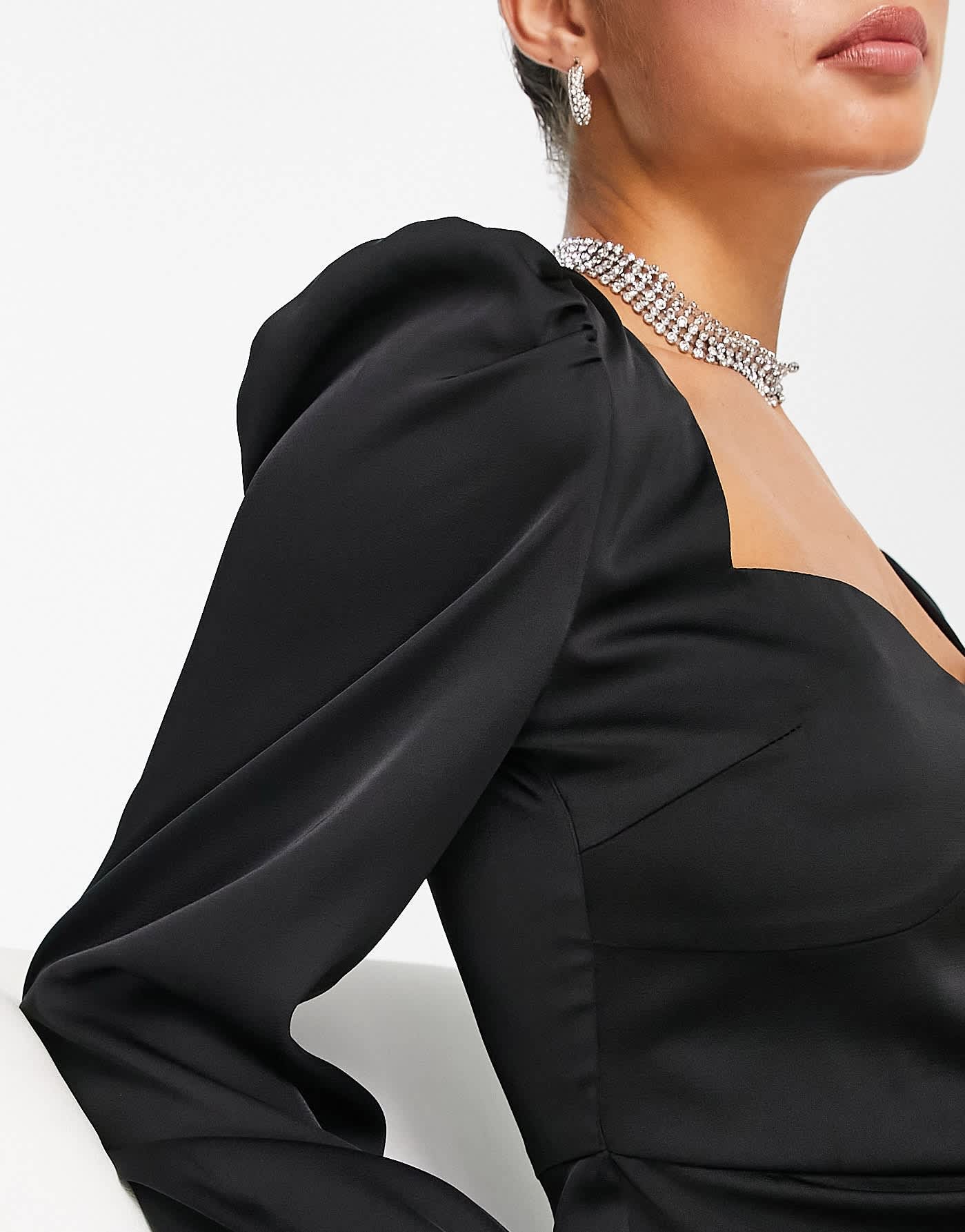 Lola May satin bustier long sleeve mini dress in black