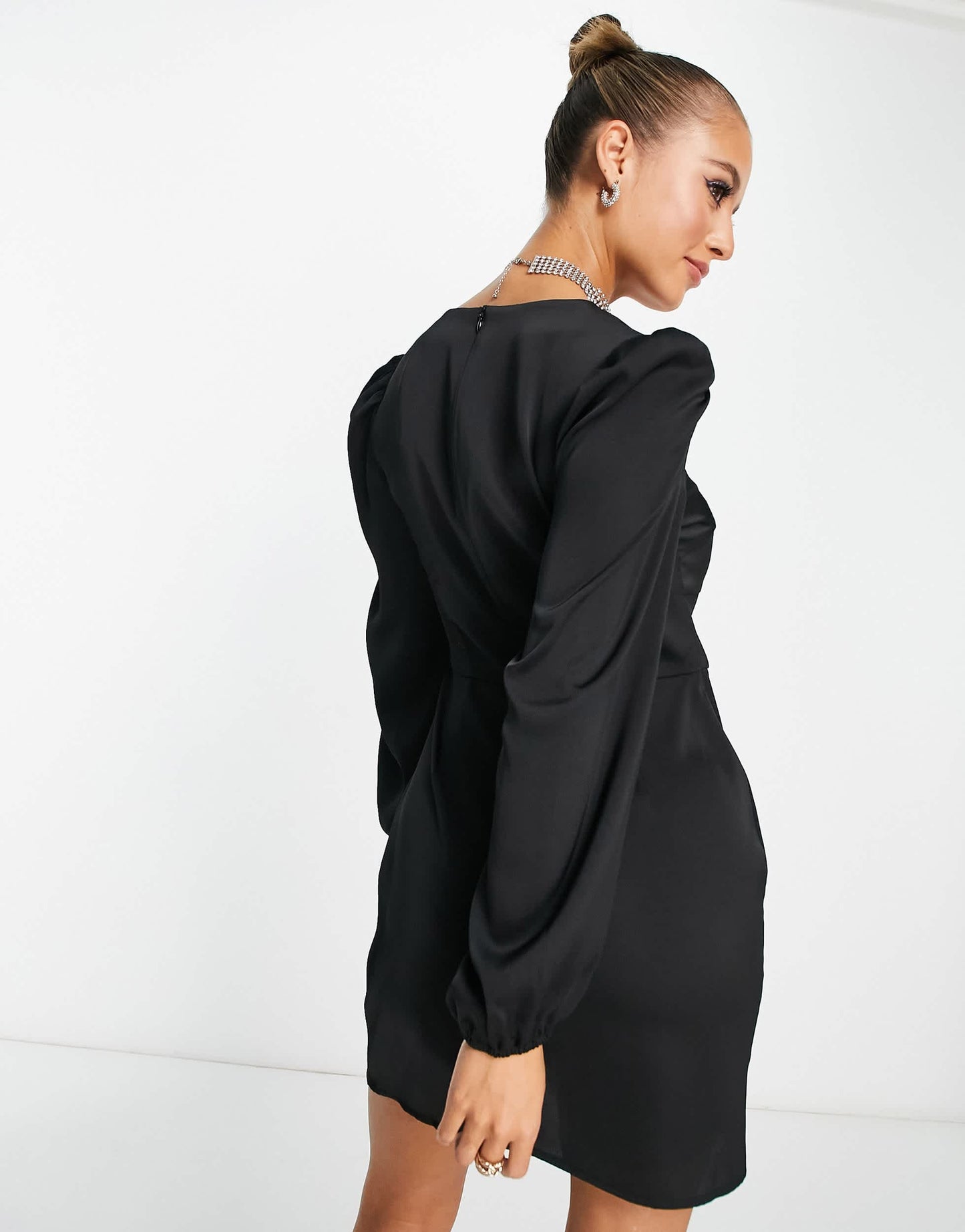 Lola May satin bustier long sleeve mini dress in black