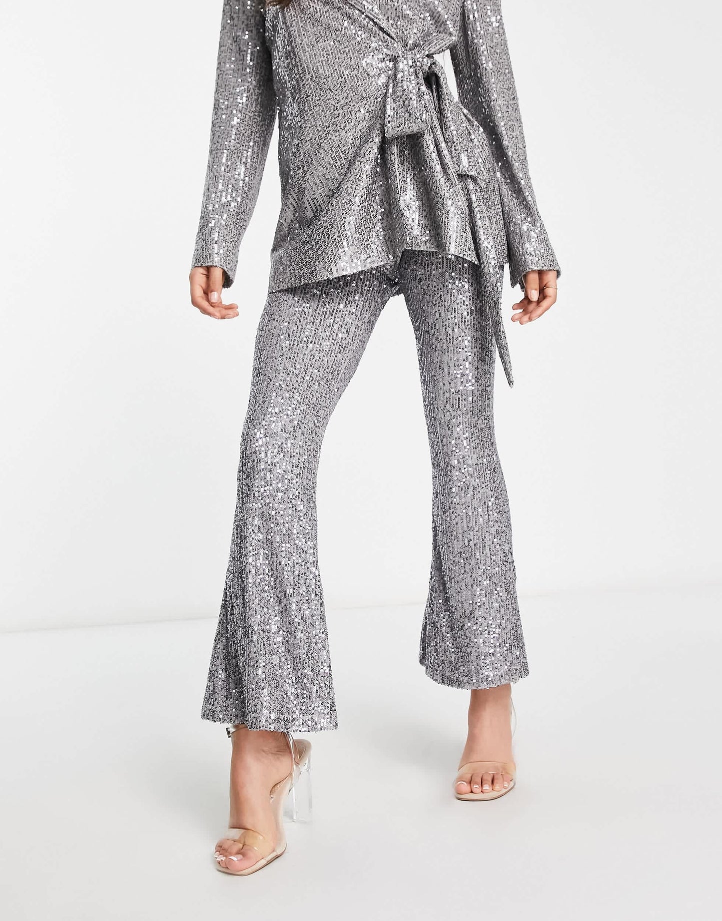 ASOS DESIGN Petite jersey sequin flare trouser in gunmetal