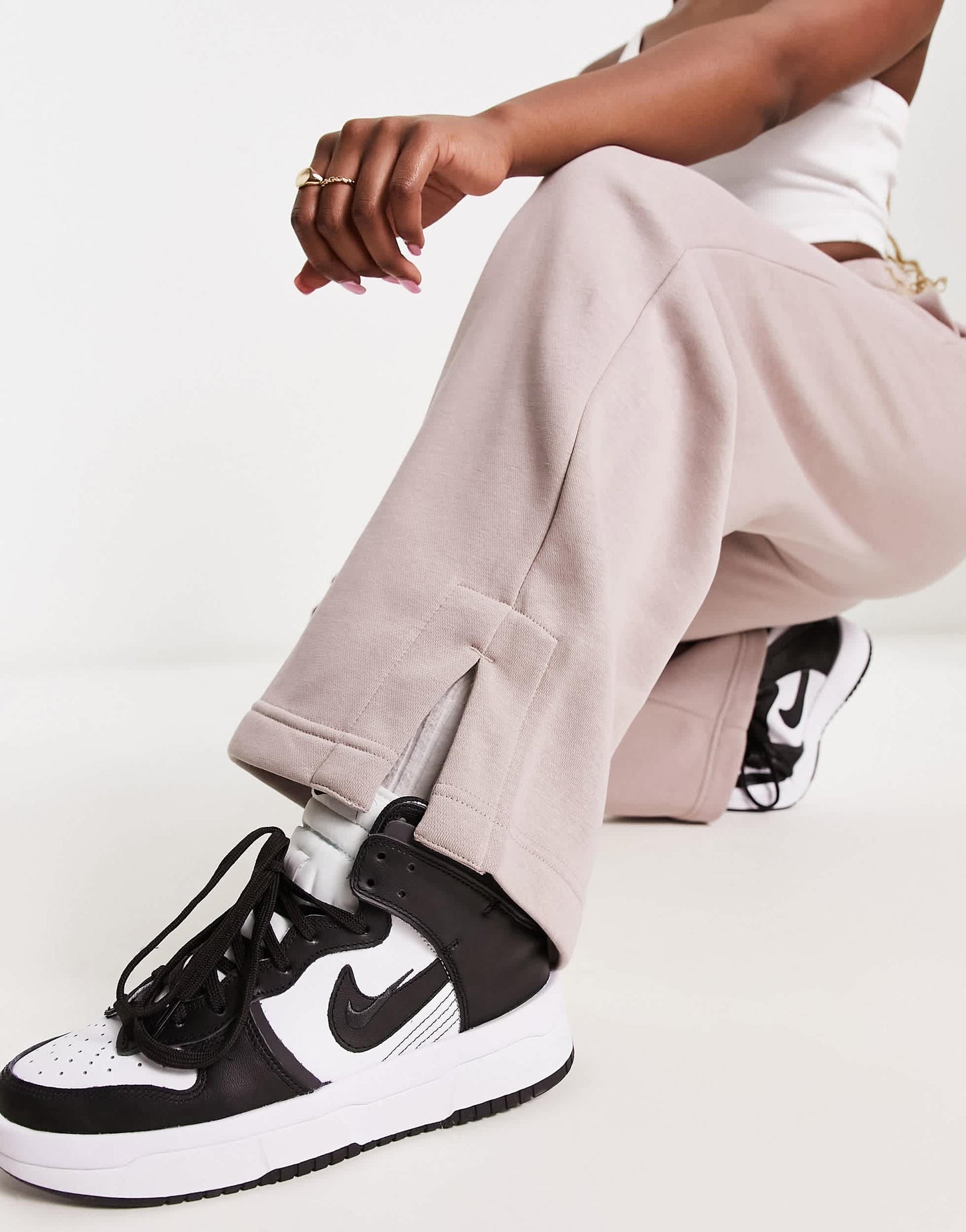Nike Phoenix Fleece wide leg joggers in taupe