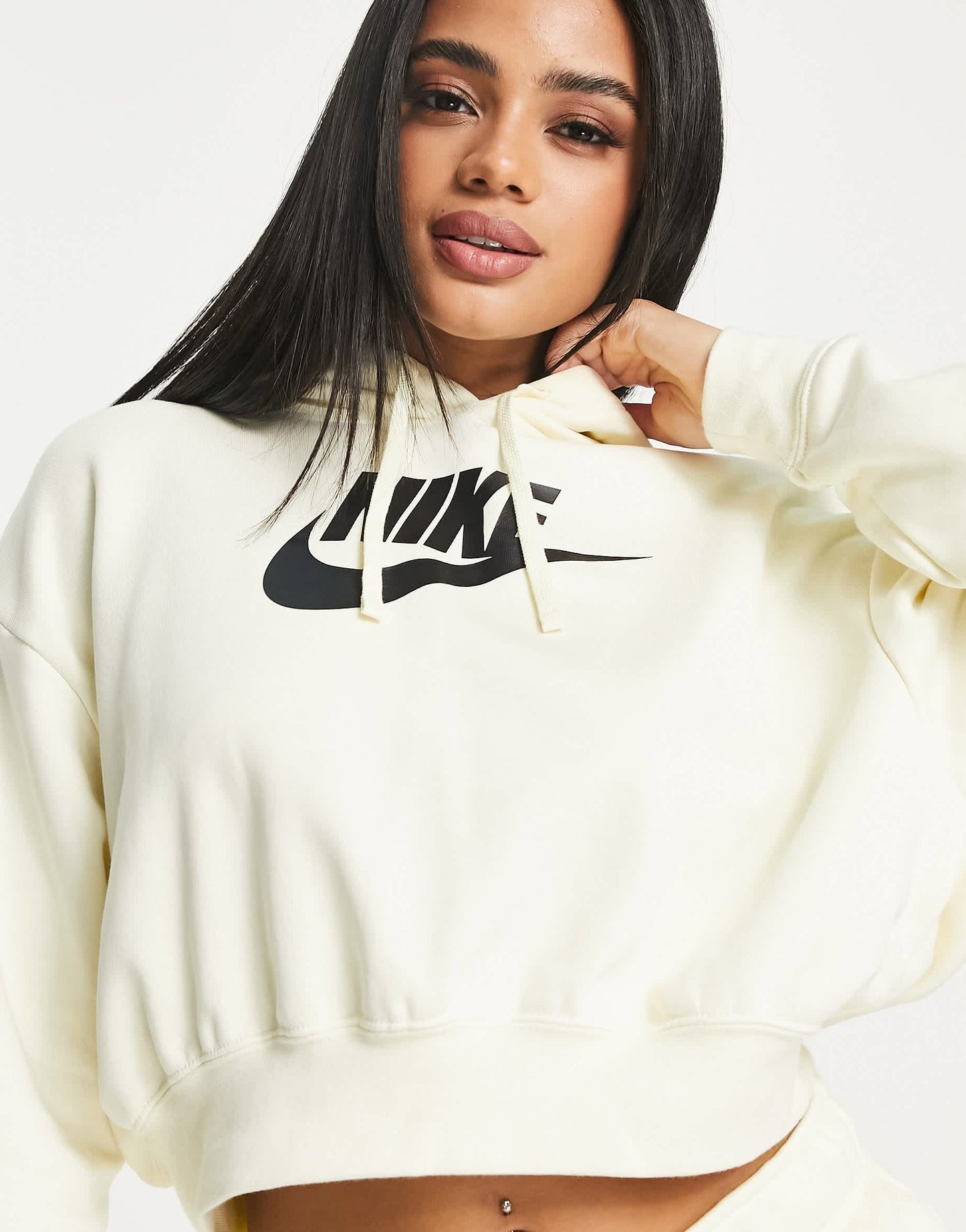 Nike Club fleece graphic crop hoodie in cream - CREAM