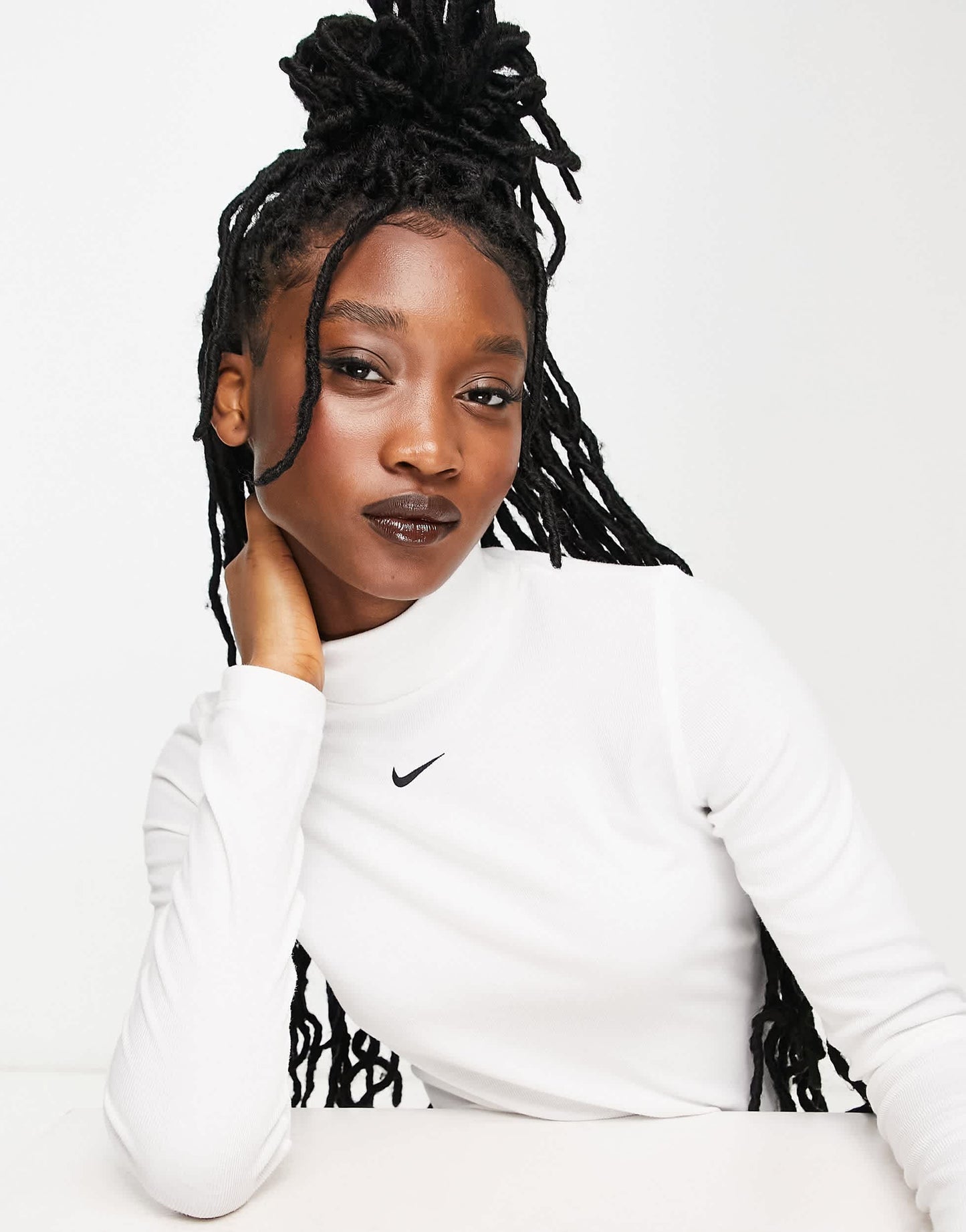 Nike Essential mini swoosh rib mock long sleeve top in white