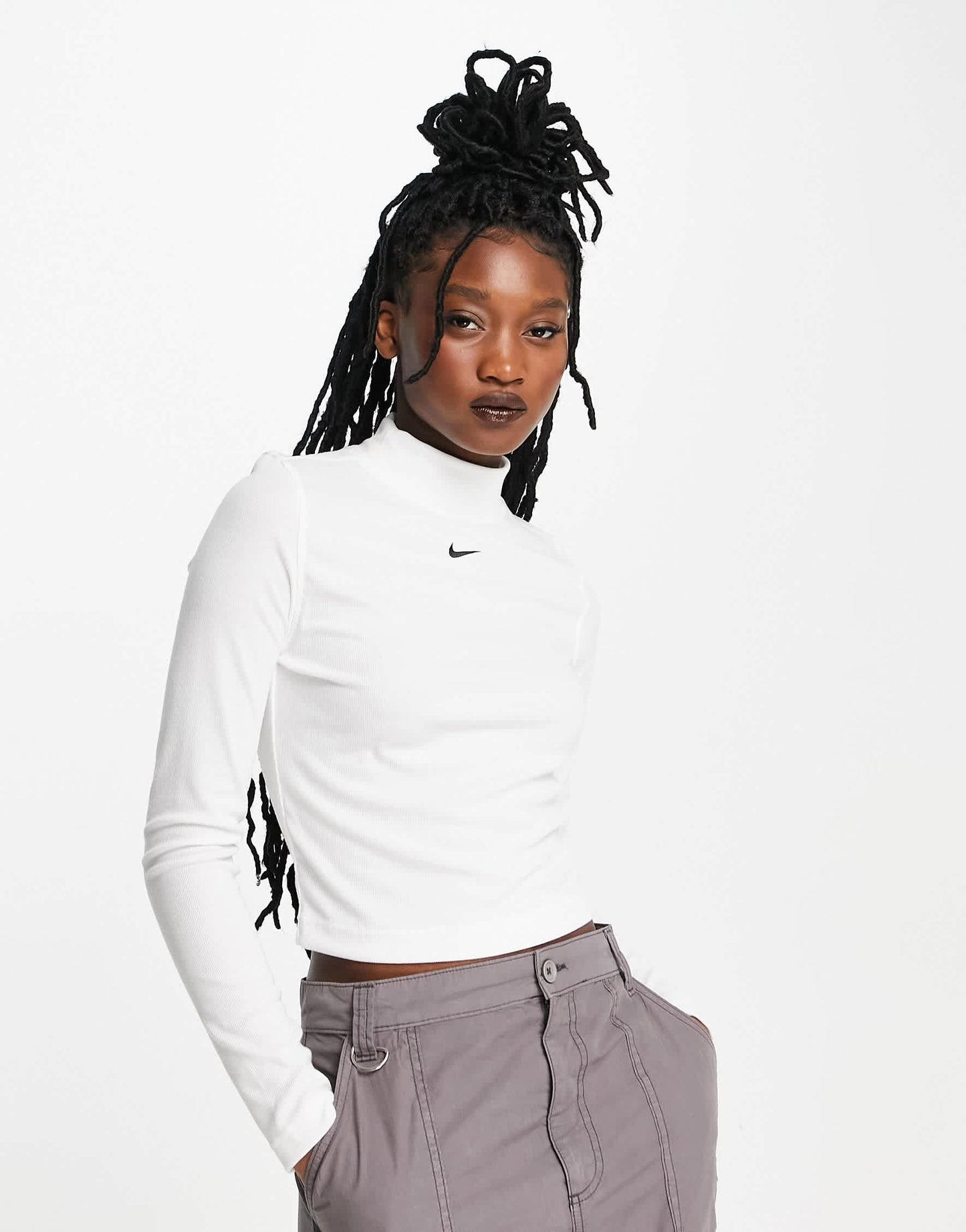 Nike Essential mini swoosh rib mock long sleeve top in white