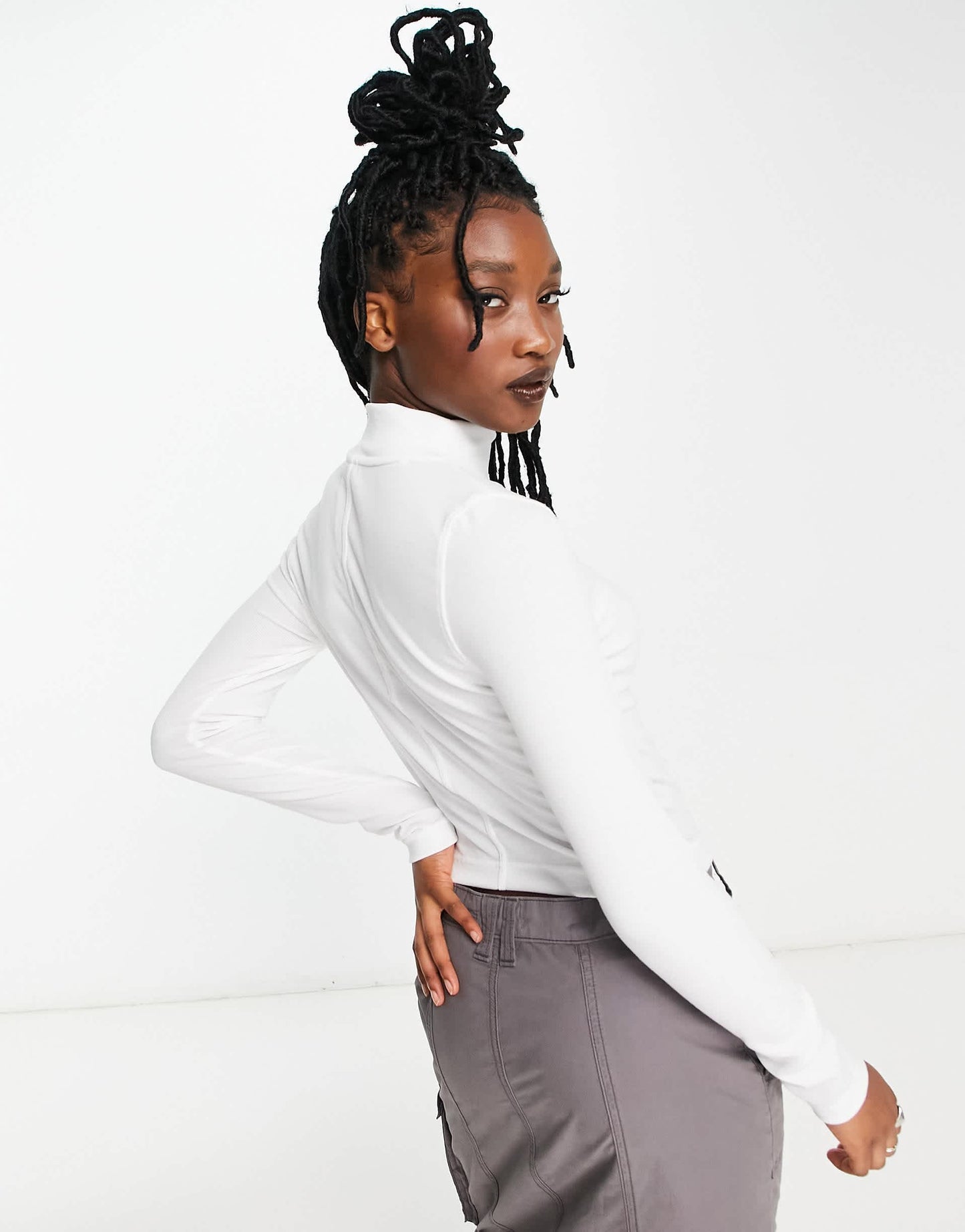 Nike Essential mini swoosh rib mock long sleeve top in white