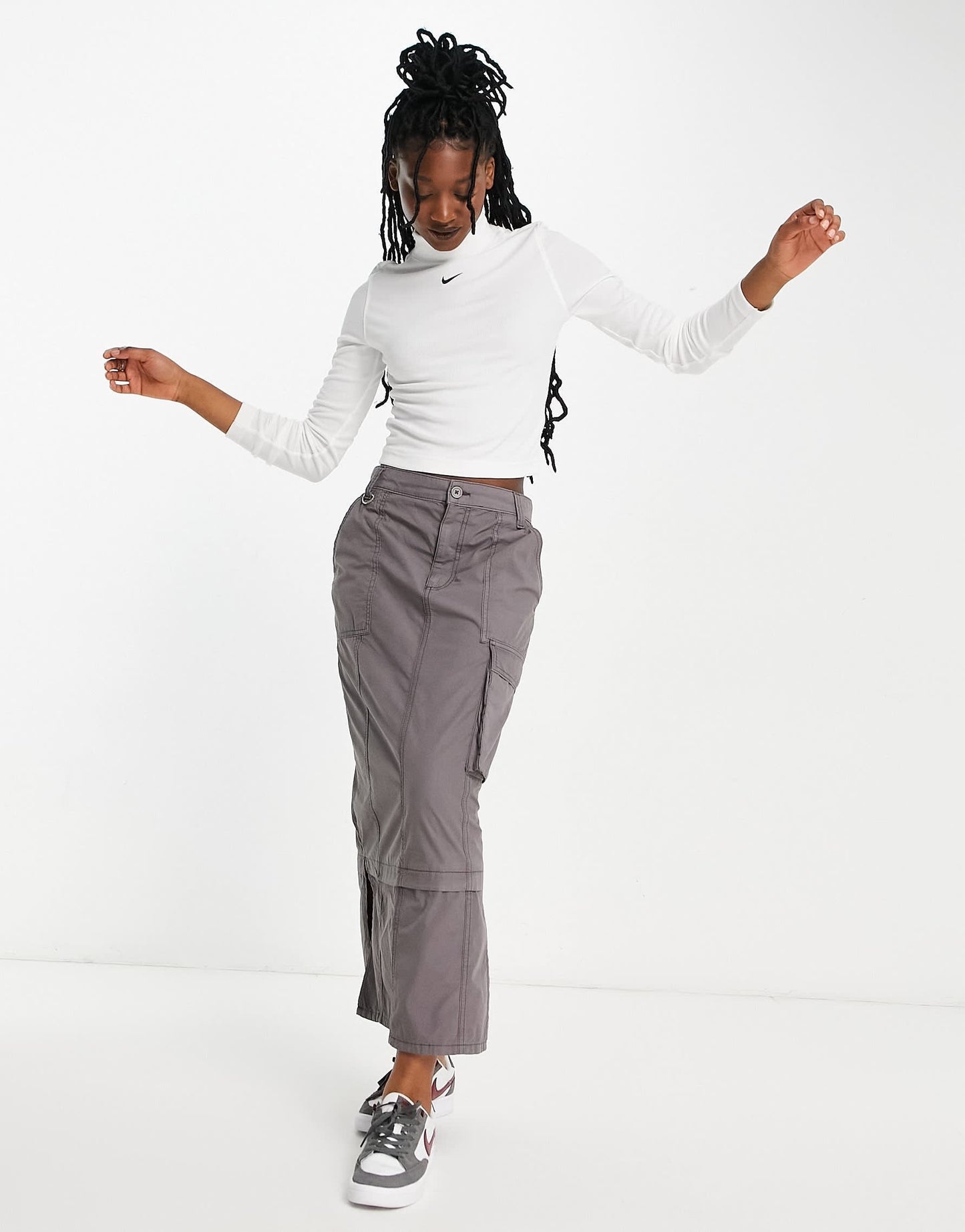 Nike Essential mini swoosh rib mock long sleeve top in white