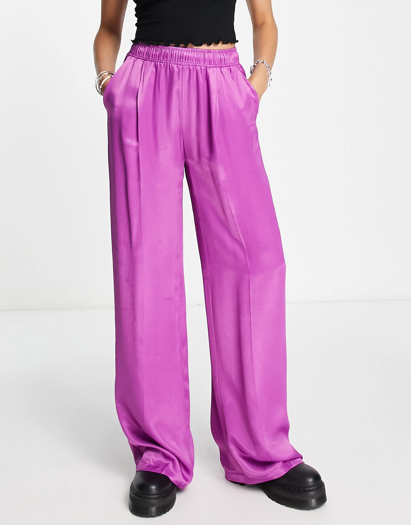 Bershka straight leg satin trousers in purple