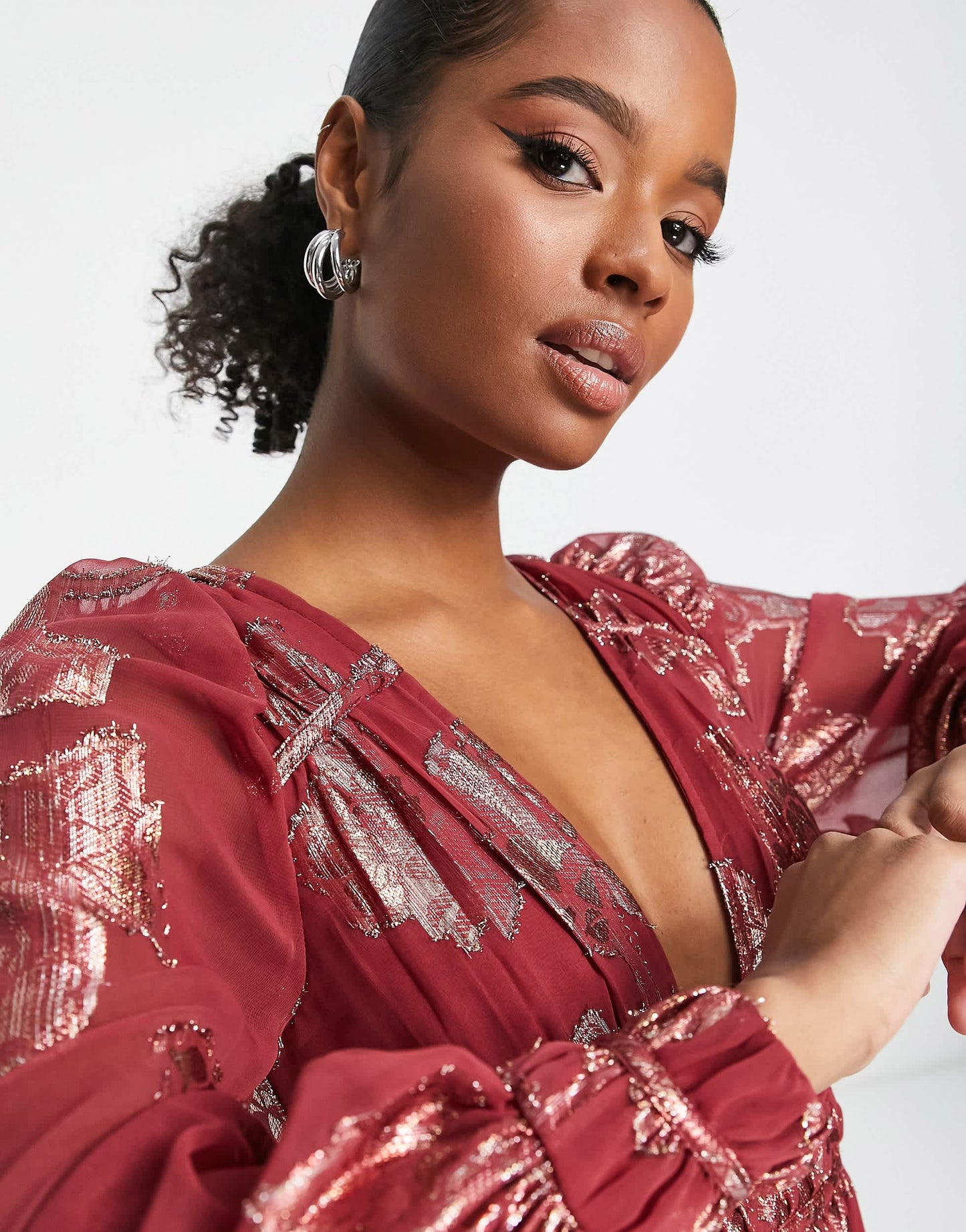 ASOS DESIGN Petite metallic channel detail midi dress with puff sleeves and tie back detail in red