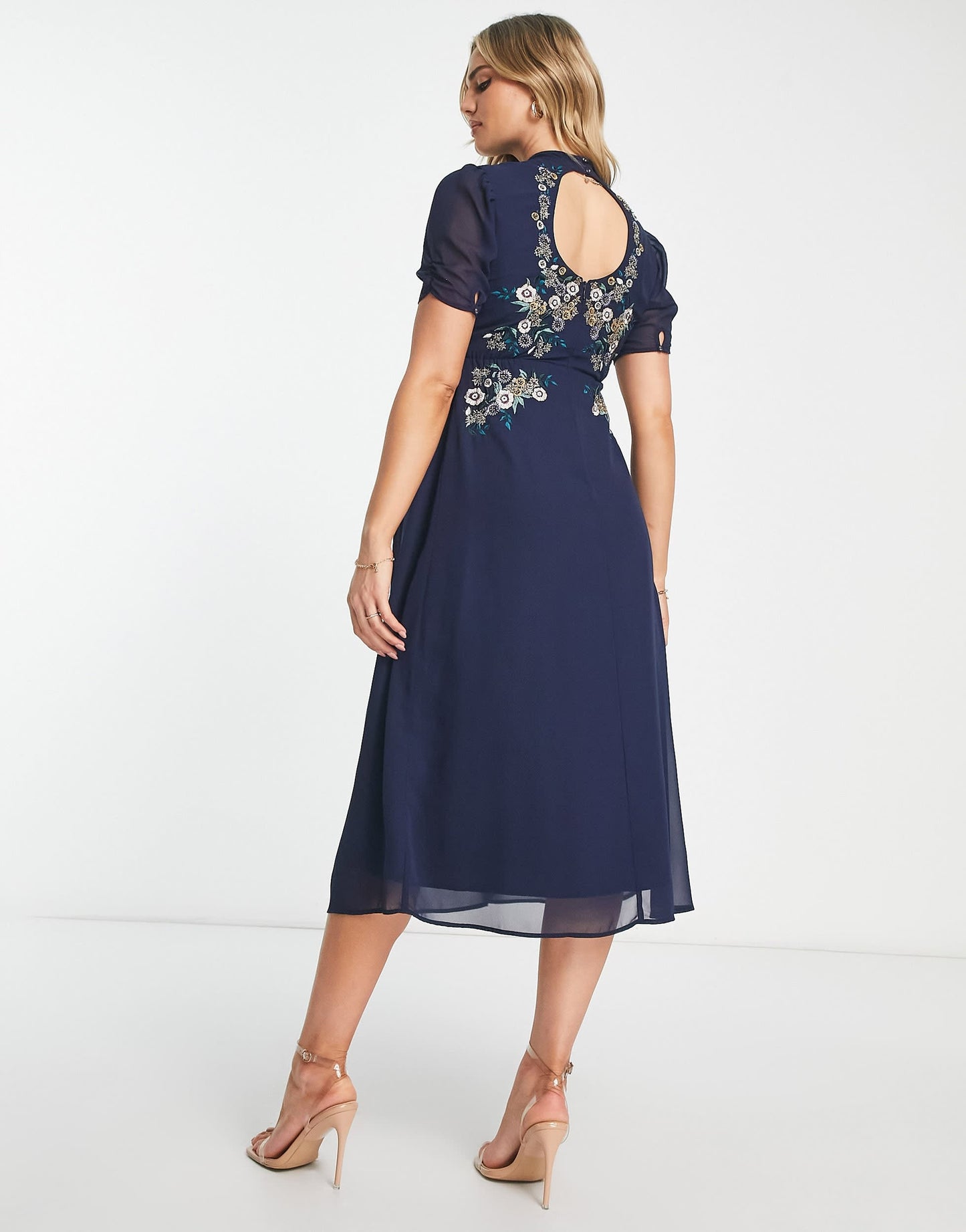 Hope & Ivy Maternity embroidered open back midi dress in navy