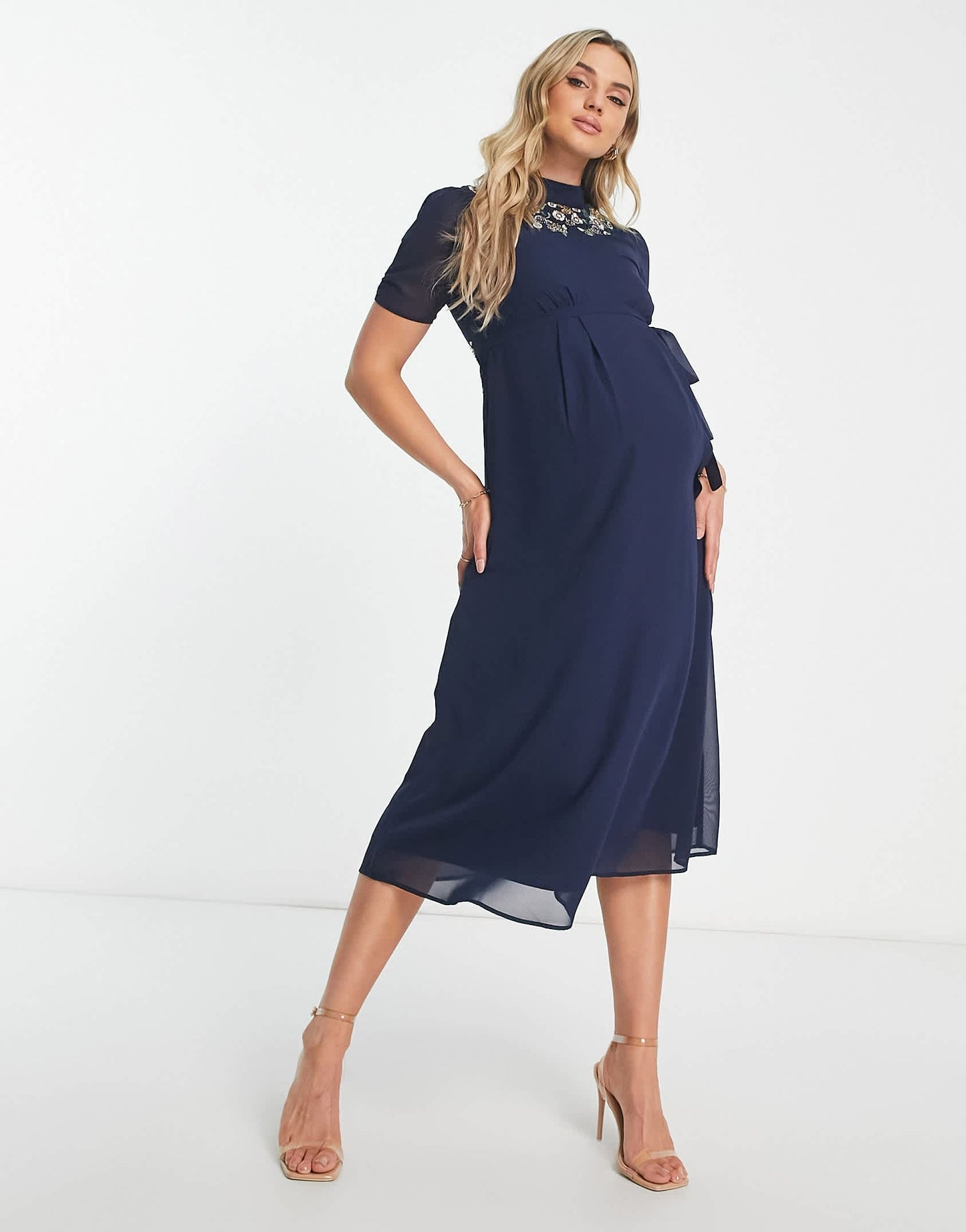 Hope & Ivy Maternity embroidered open back midi dress in navy