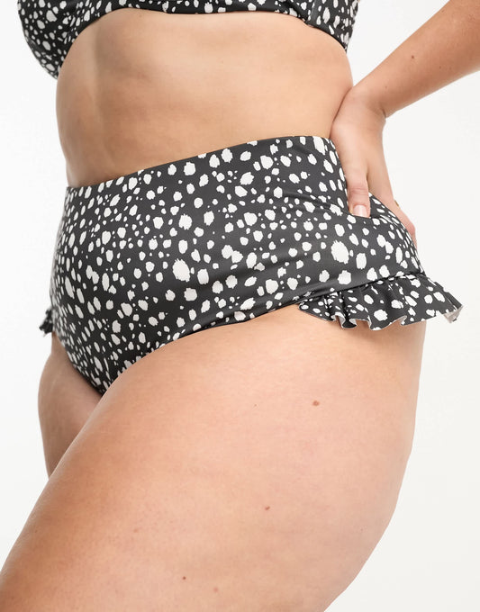 ASOS DESIGN Curve mix and match frill high waist bikini bottom in mono spot print